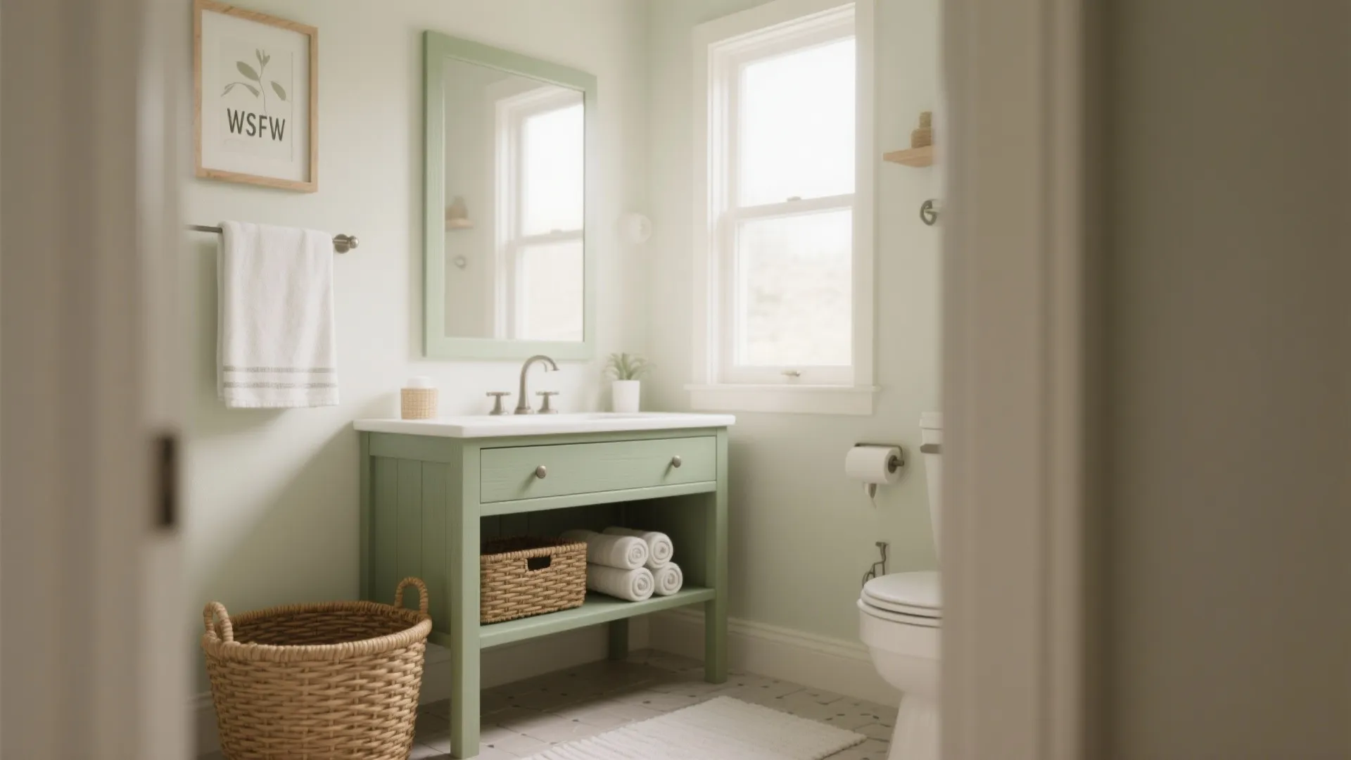 2. Sage Green Open-Shelf Vanity for Small Storage