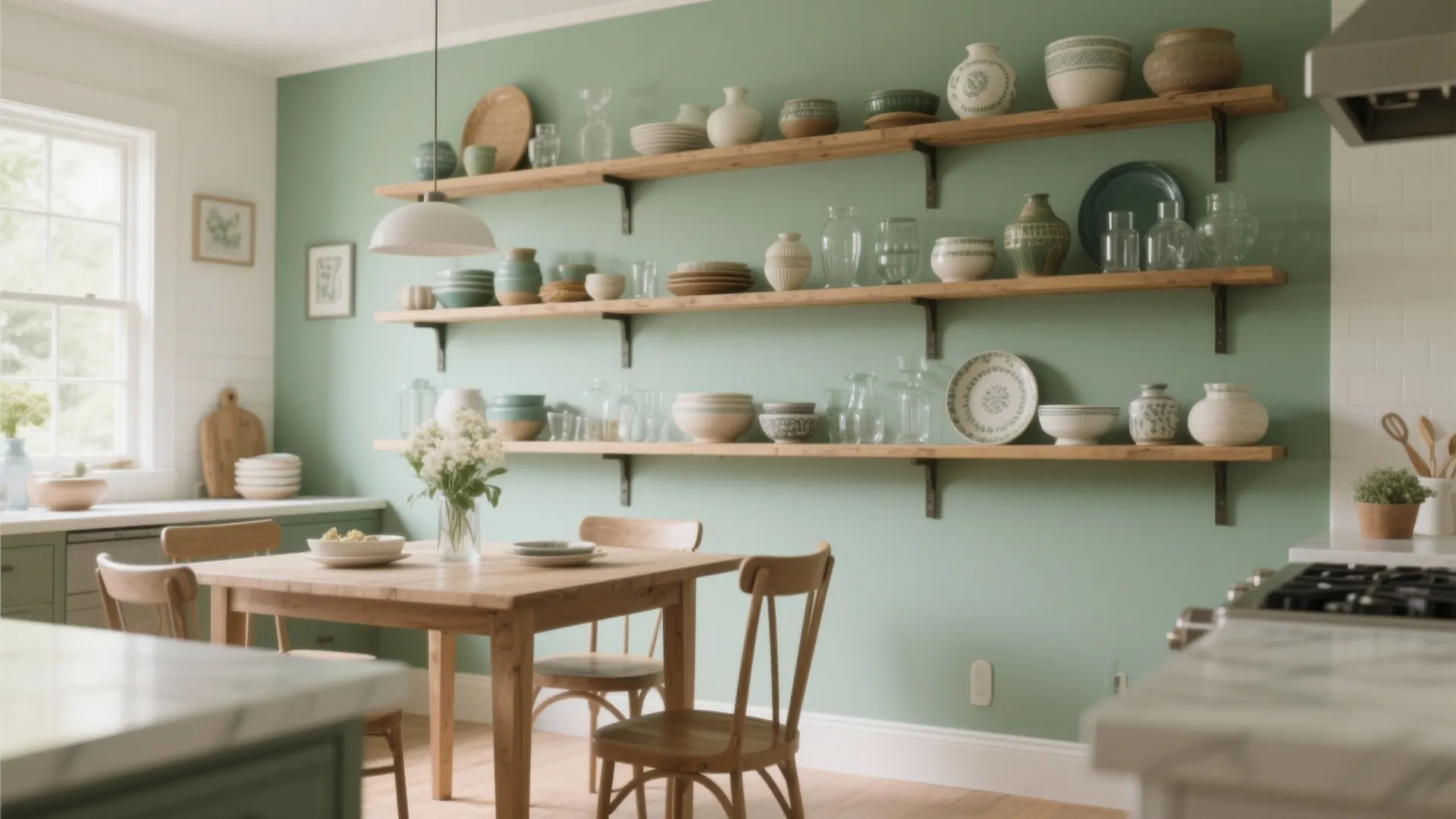 Sage green dining room wall with wooden open shelves holding various ceramic bowls and plates