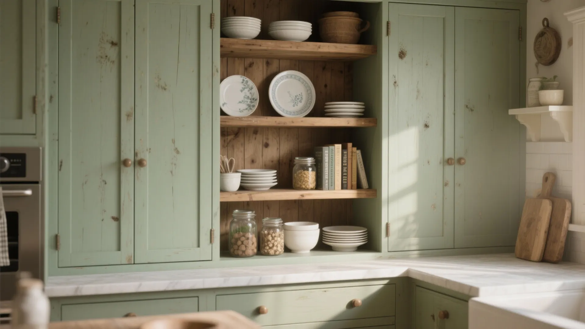 1. Sage Shaker Cabinets with Open Shelves