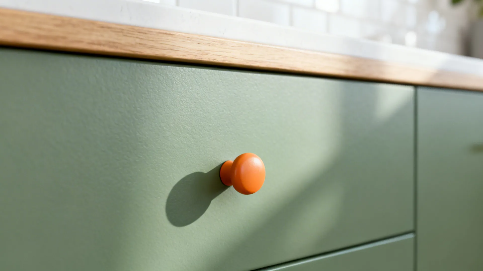 Macro detail of matte sage cabinet with a citrus orange pull in soft light.