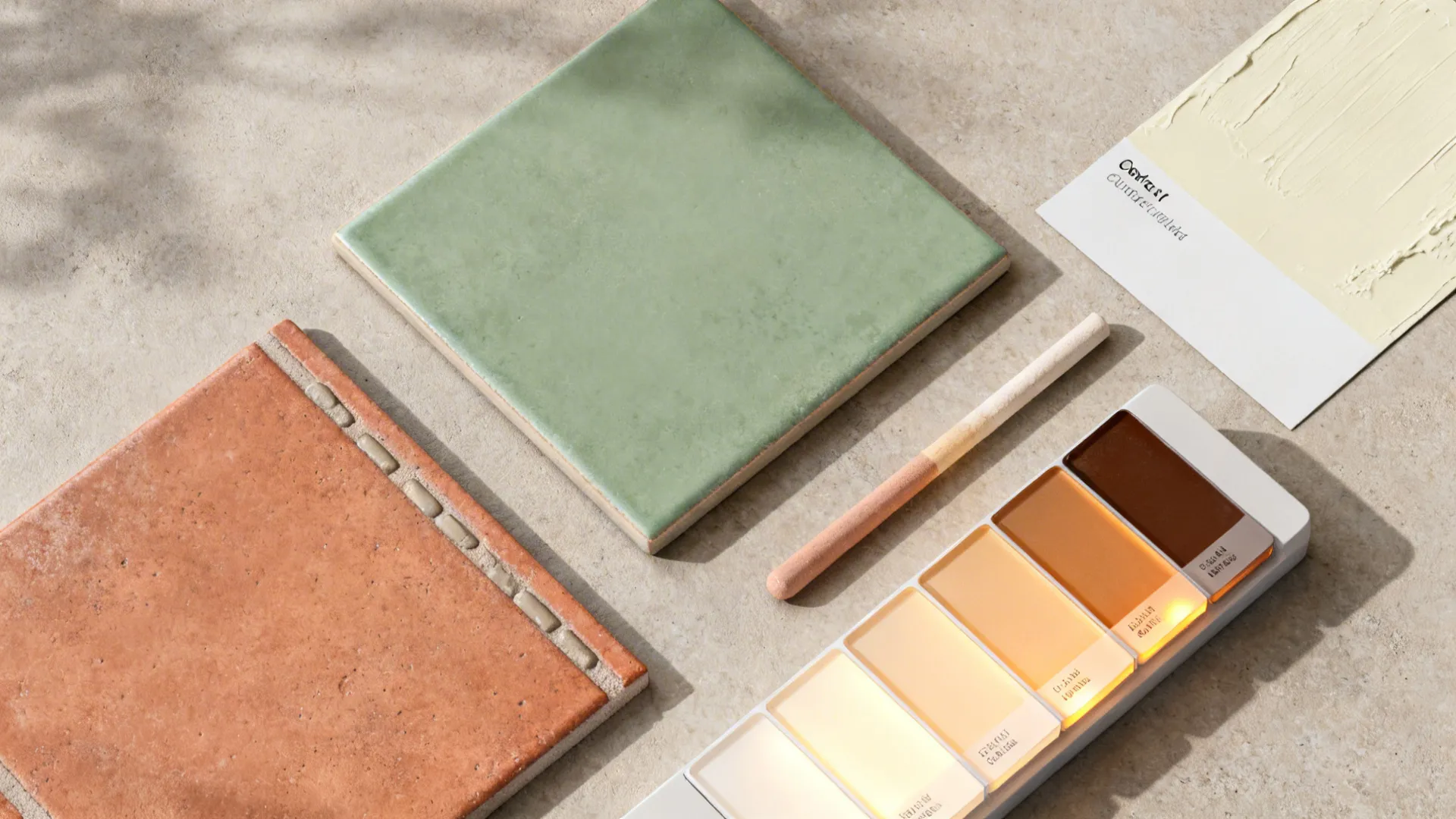 Flat lay with sage tile, terracotta floor sample, cream paint, and mid-tone grout.