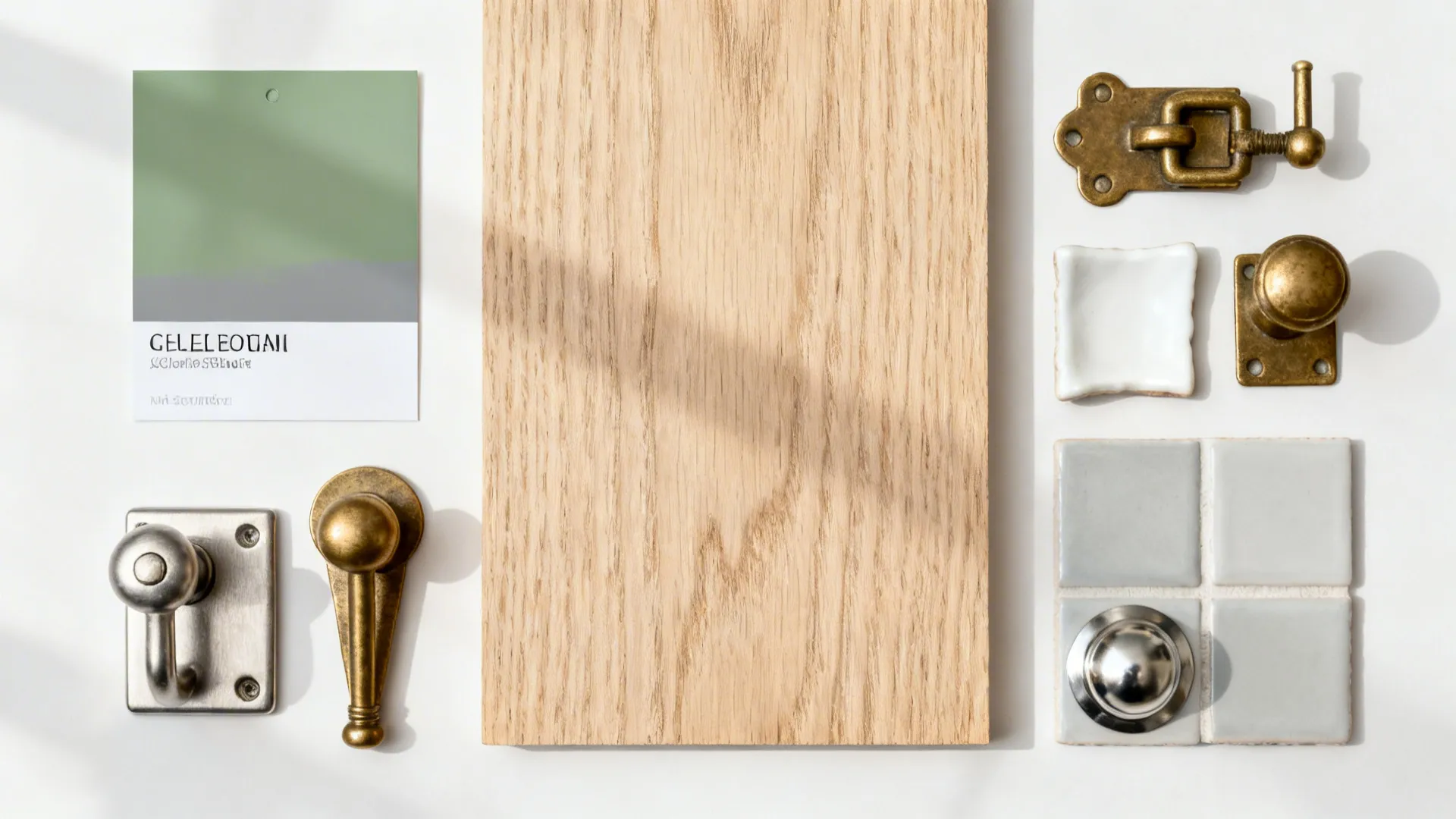 Top-down palette of sage paint, oak, mixed metals, and pale tile samples.