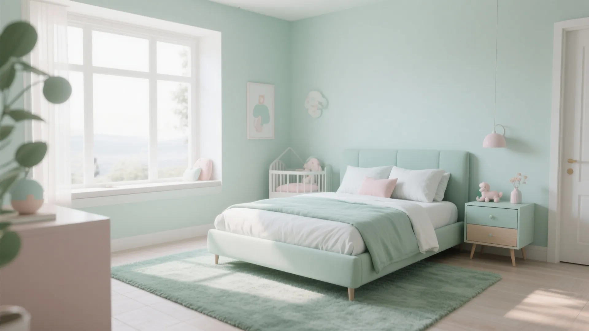 Pastel green bedroom with matching bed and rug plus a small side table and natural light