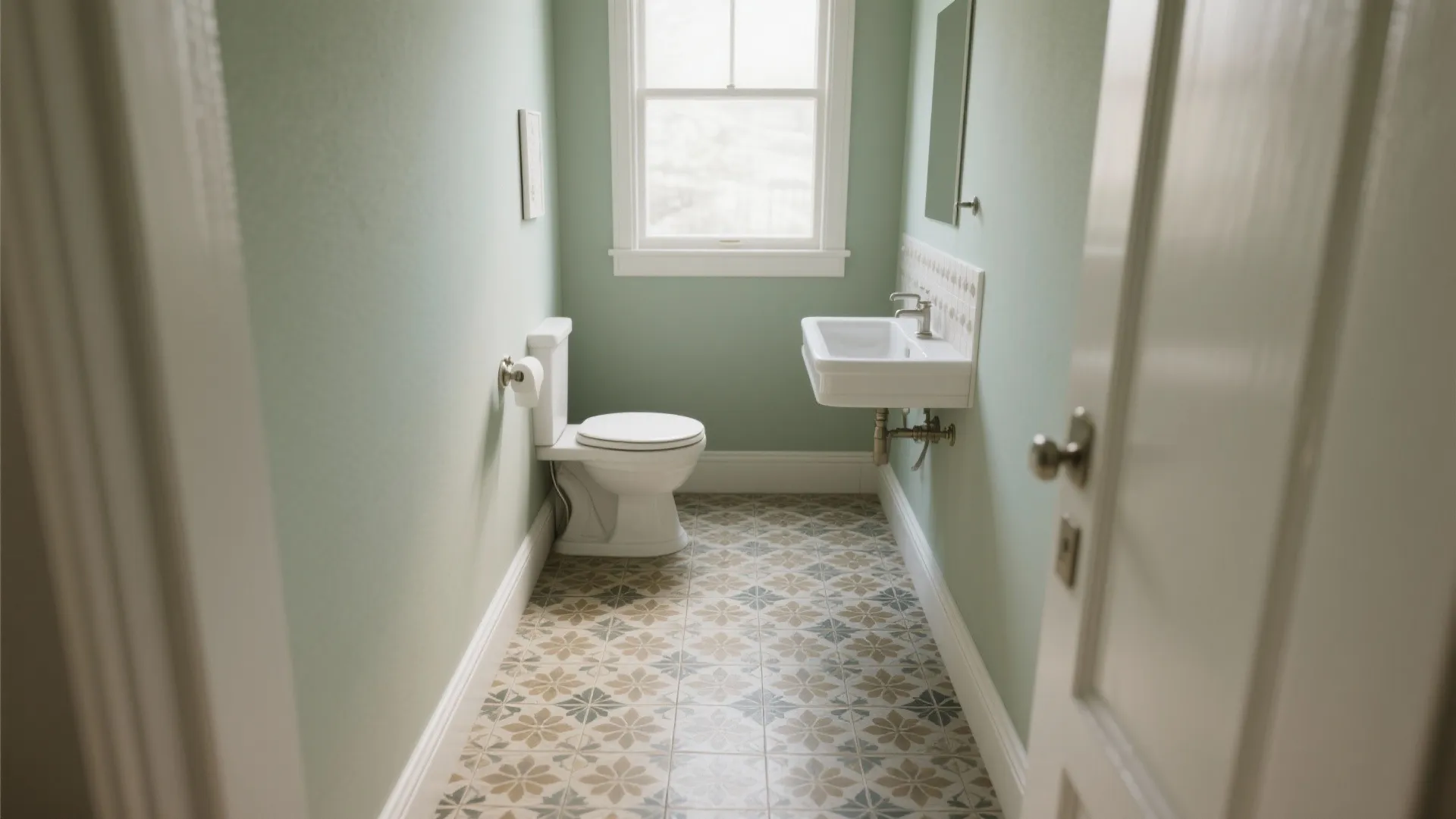 Small bathroom featuring sage green walls patterned floor tiles white toilet and wall hung white sink
