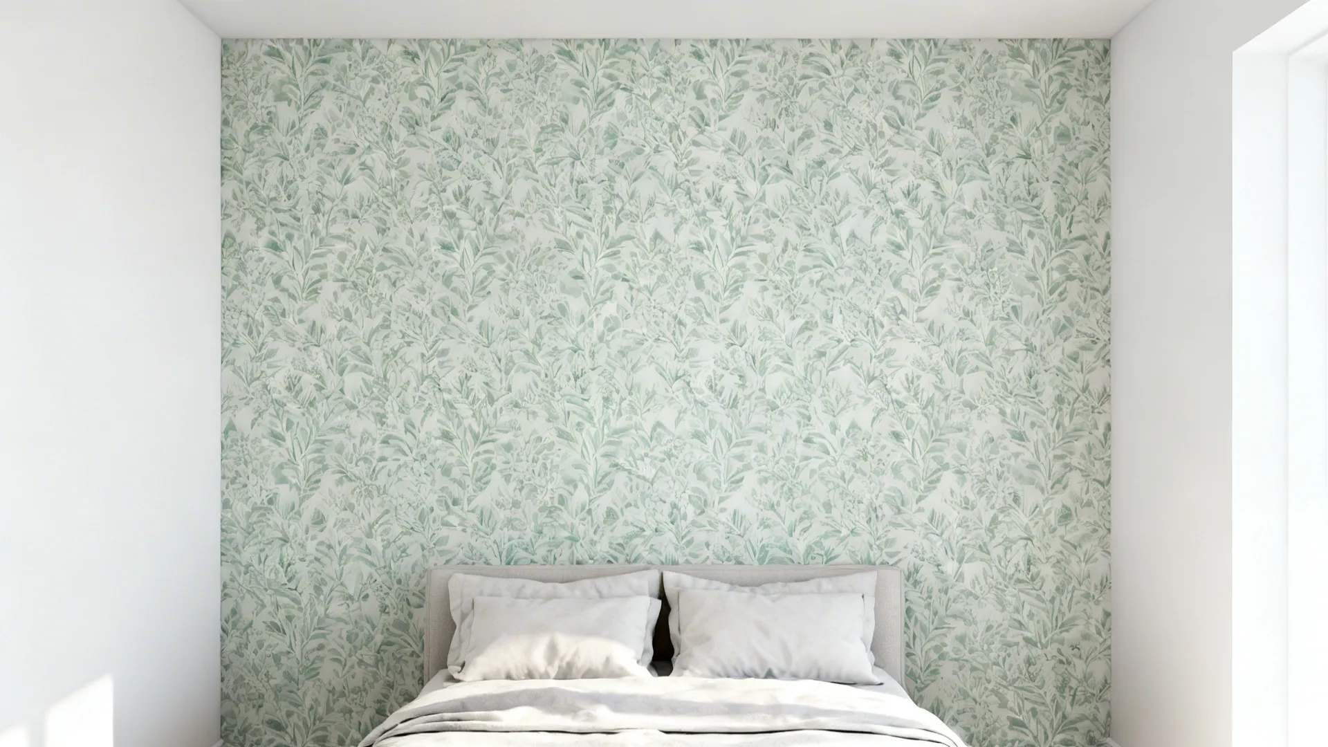 Interior with a single sage botanical wallpaper wall and three white walls, showing wallpaper scale.