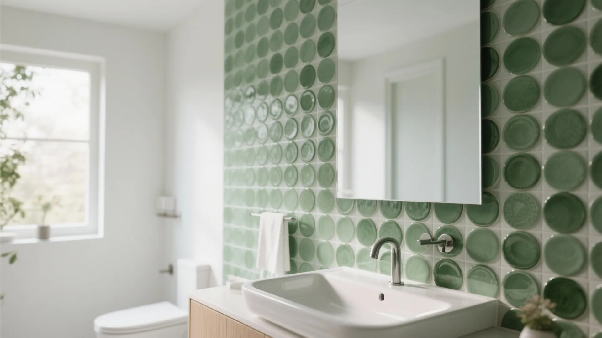 Modern white bathroom sink with round green wall tiles plus a large mirror and window