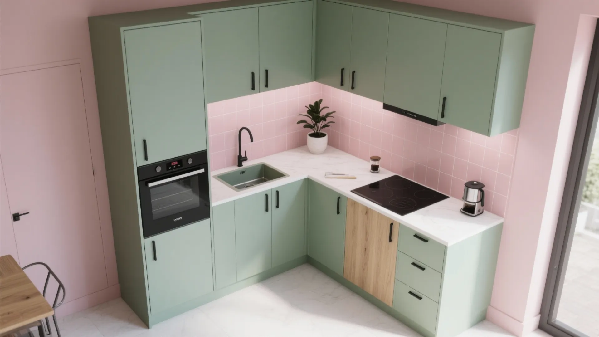 Interior design drawing of a green kitchen with pink wall tiles and white marble countertop