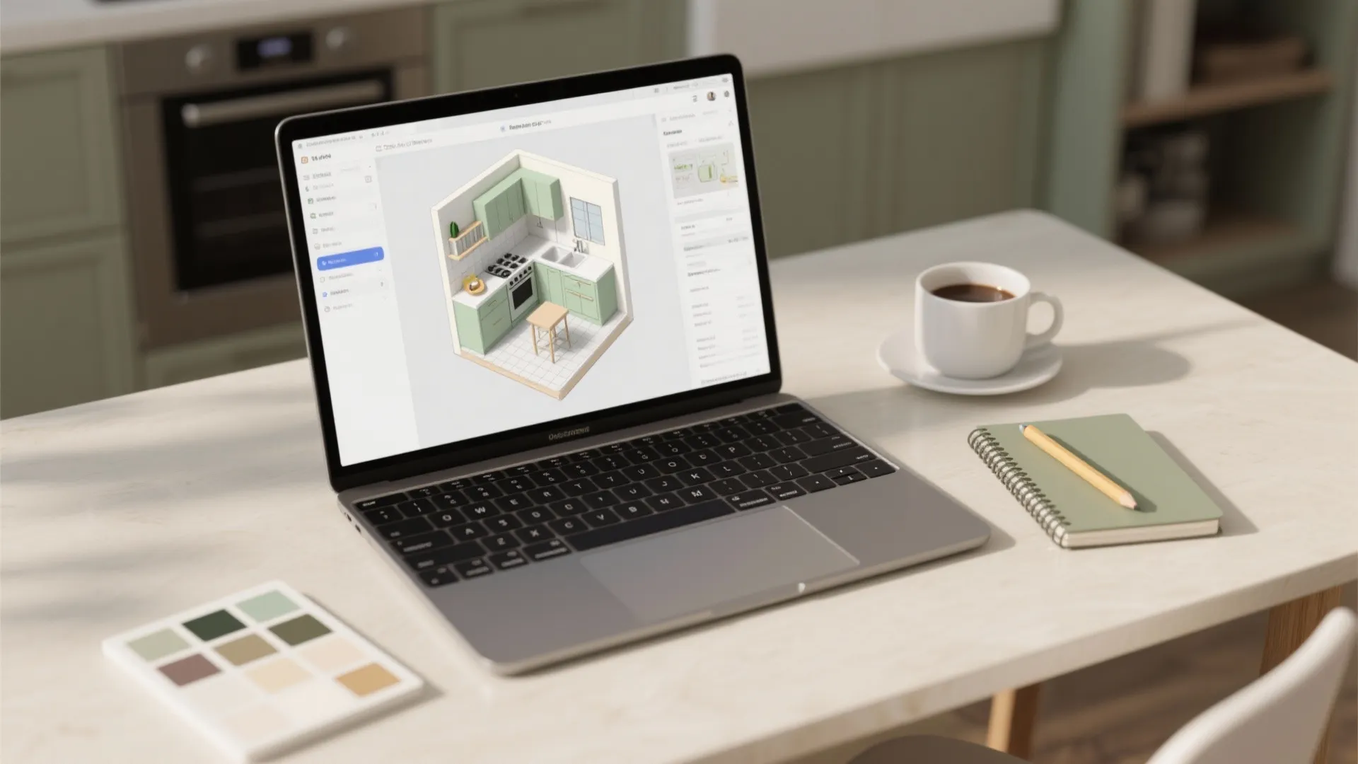 Top-down view of a laptop with a 3D kitchen planner showing sage backsplash options alongside material swatches.