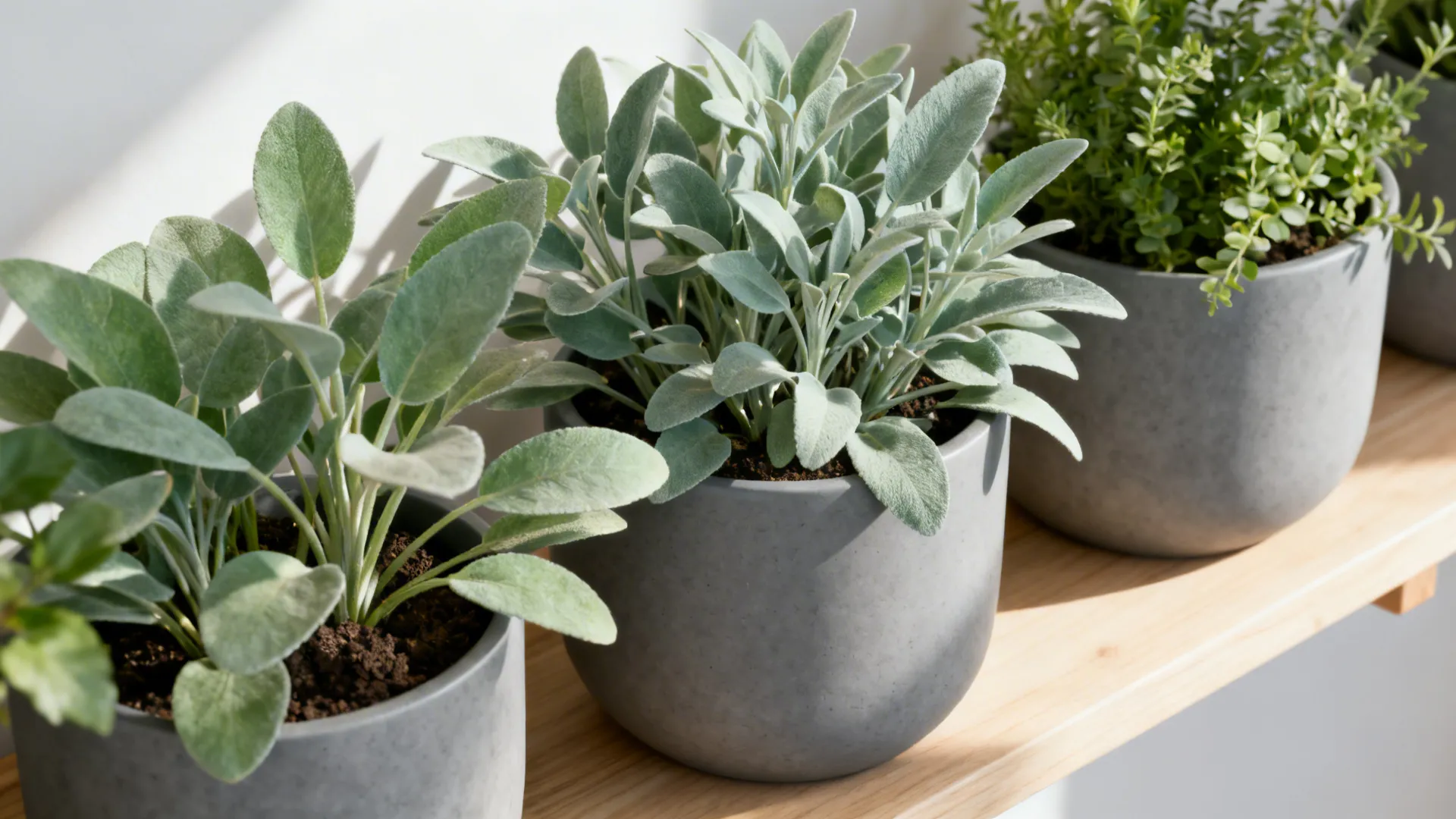 Matte grey planters with lush sage-green houseplants on a wooden shelf
