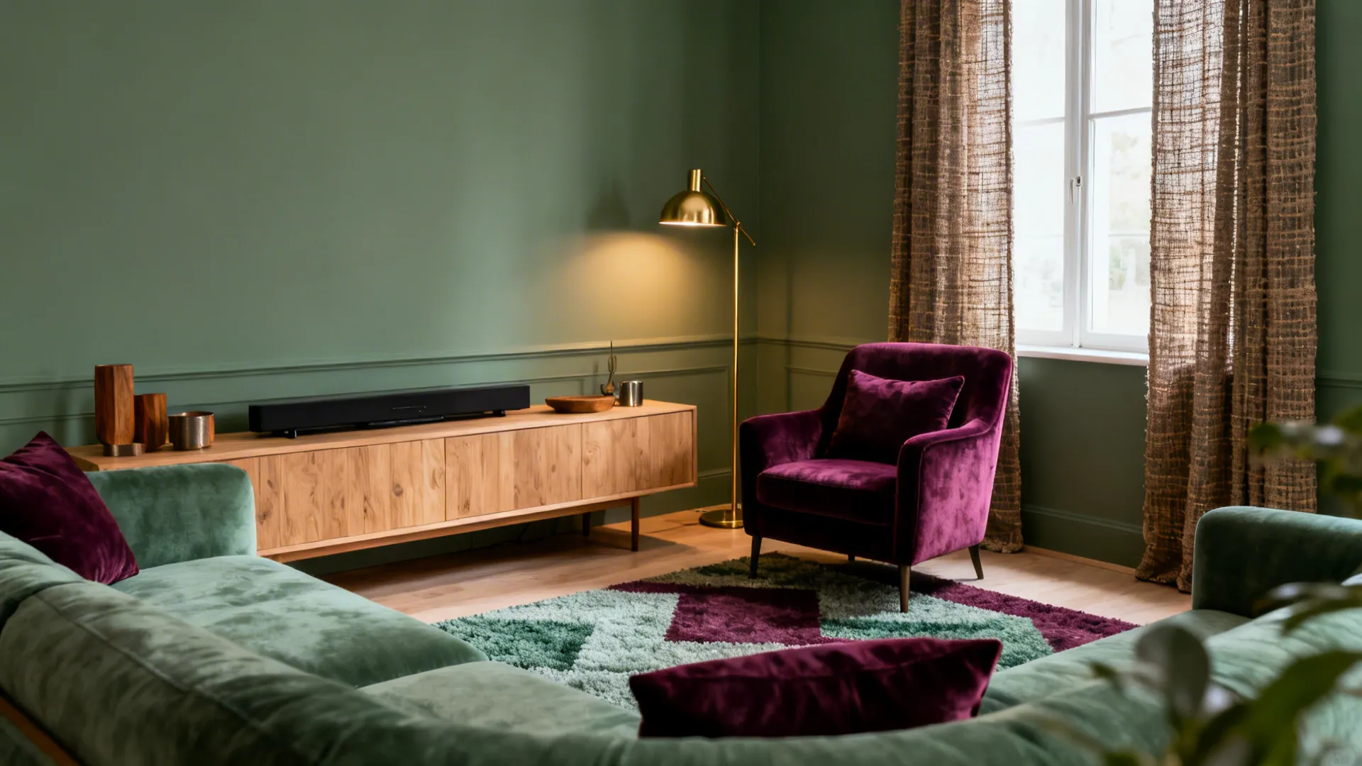 Sage green walls with purple velvet chair gold floor lamp wooden cabinet and green sofa
