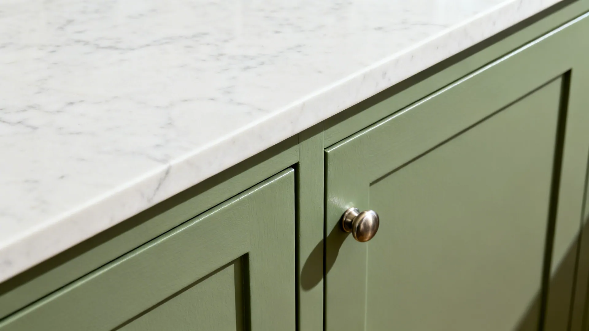 White marble countertop sitting on top of green kitchen cabinets with a round metal knob