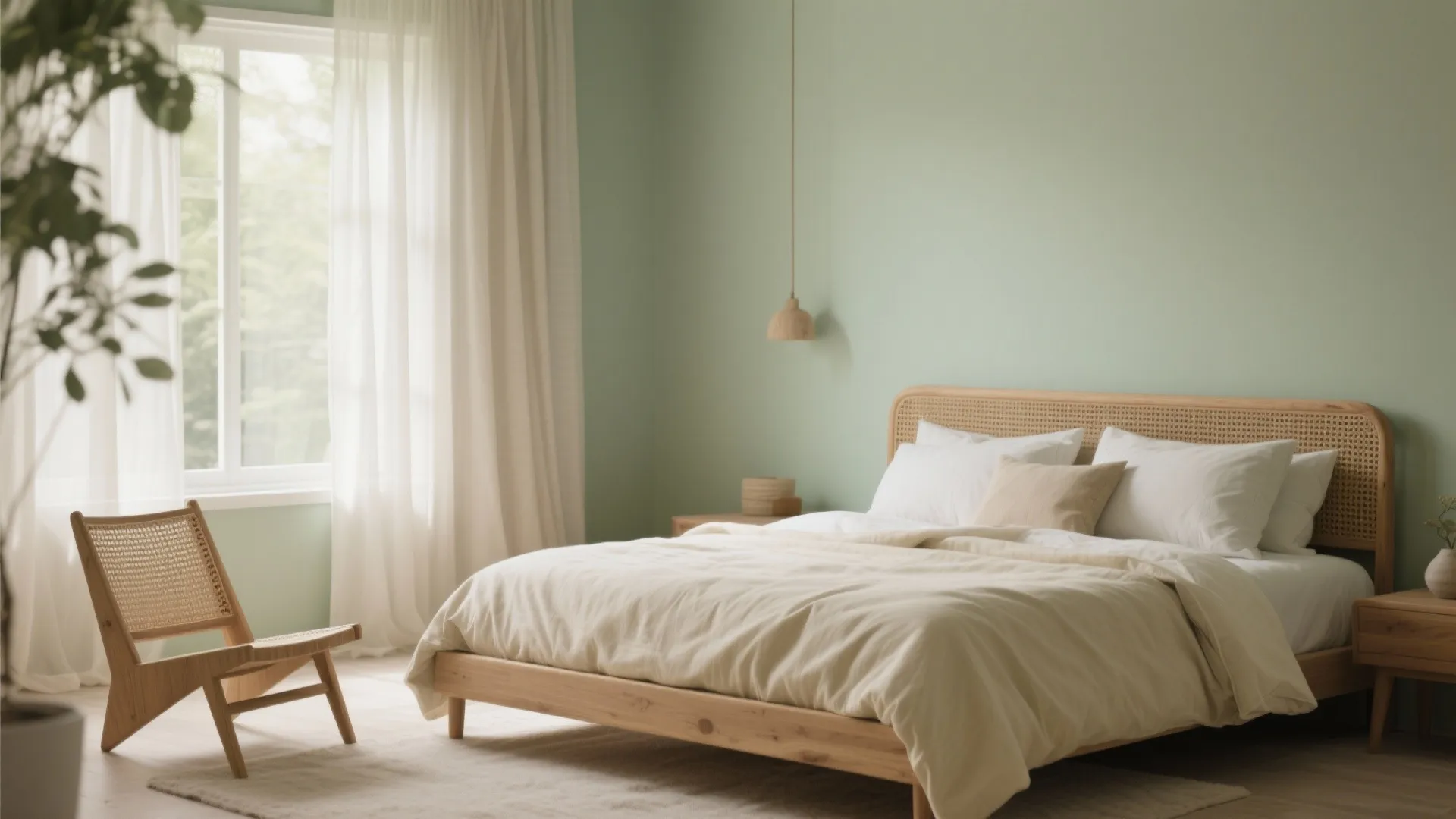 Minimalist sage green bedroom featuring wooden bed frame woven chair white curtains and small light fixture