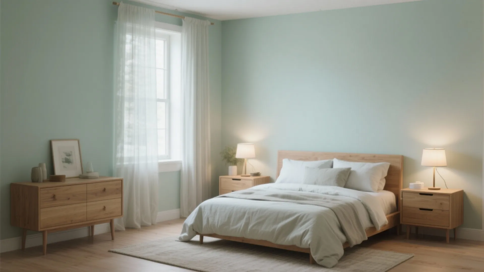 Minimalist bedroom with light green walls wooden bed small cabinet table lamps and white curtains