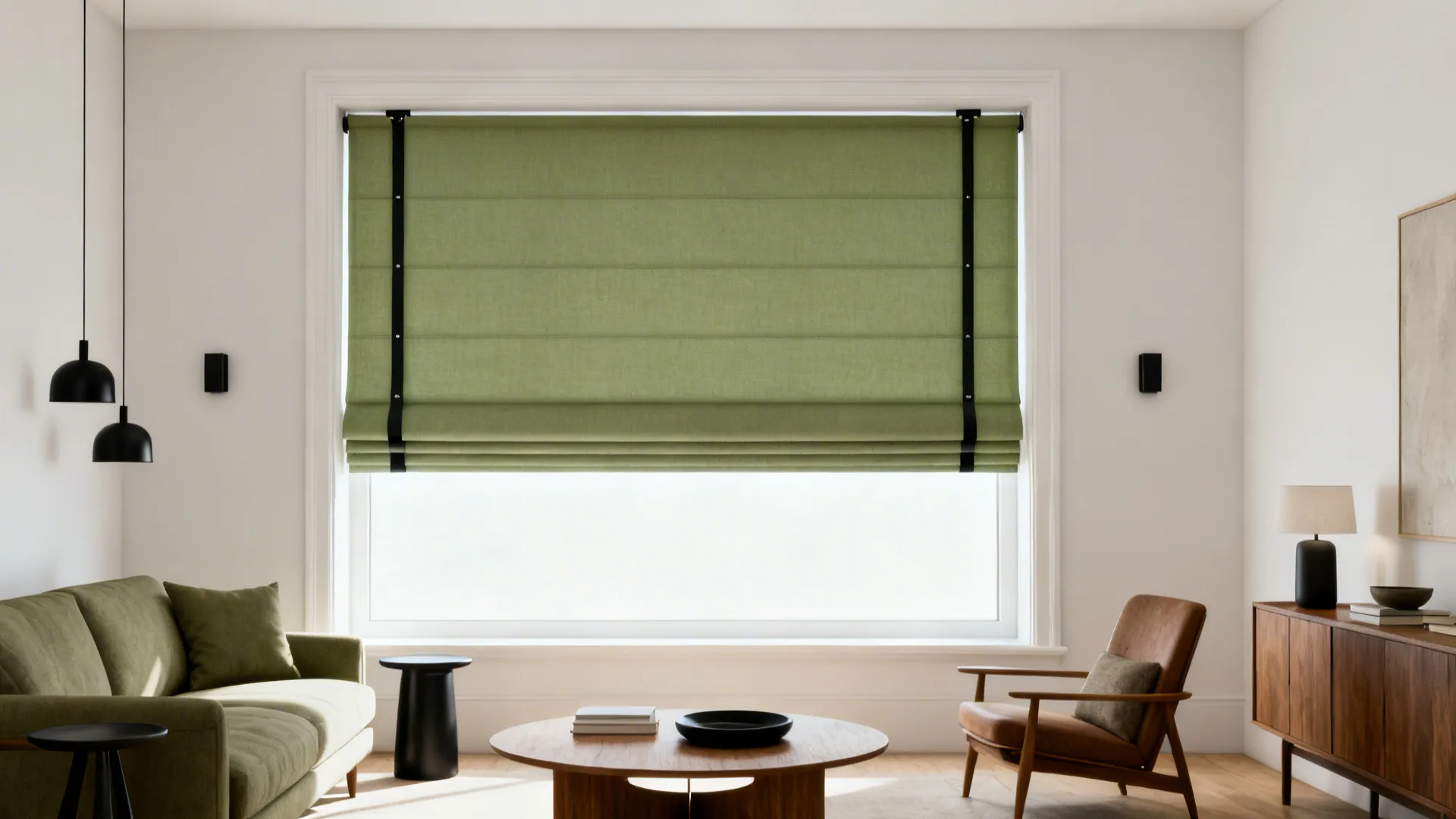 Green window blinds in a living room with green sofa, wood table, and a brown chair