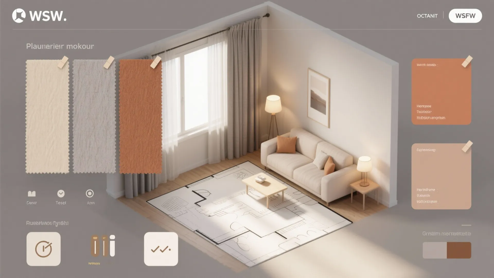 Room planner interface showing fabric swatches beside a 3D living room model and floor plan