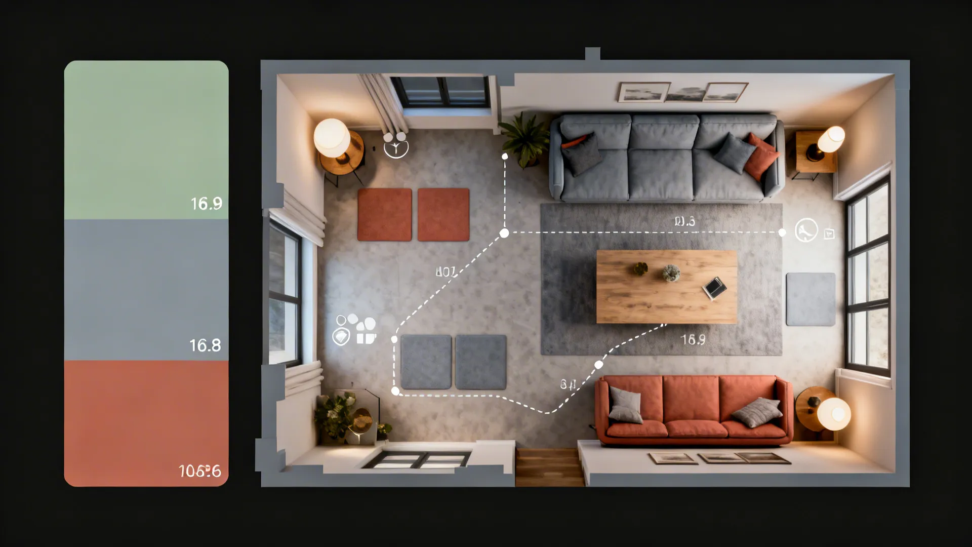 Top-down room planner layout showing sage wall, sofa placement and lighting zones