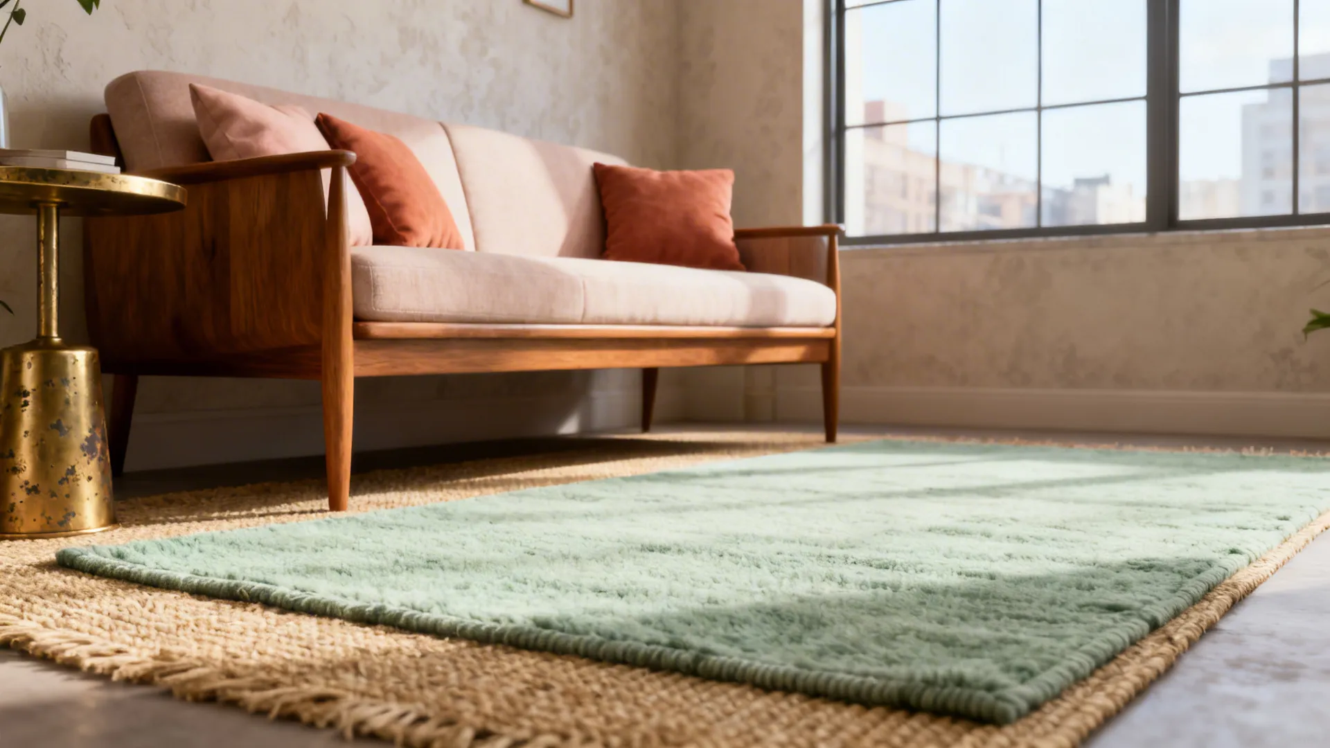 Green rug on top of woven mat near a wooden sofa and a gold table