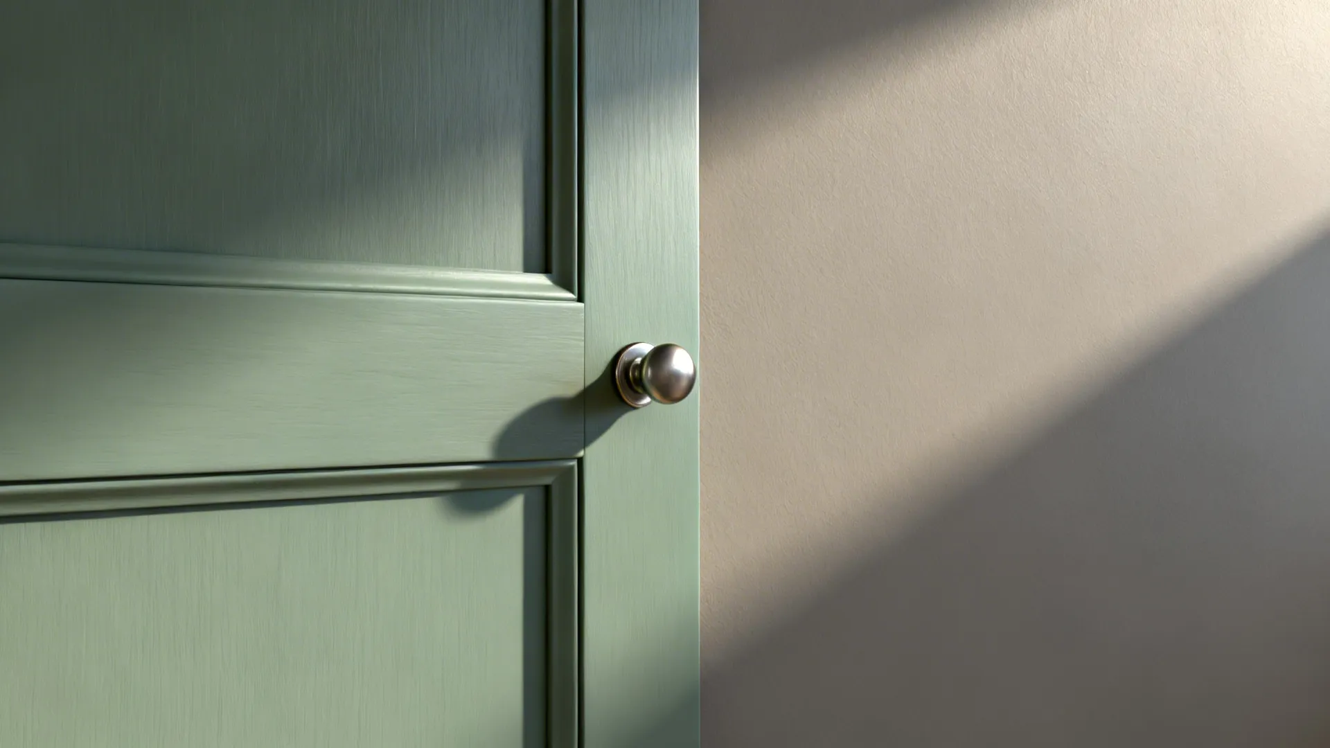 Close-up of a sage green cabinet door with a round silver metal knob and wall