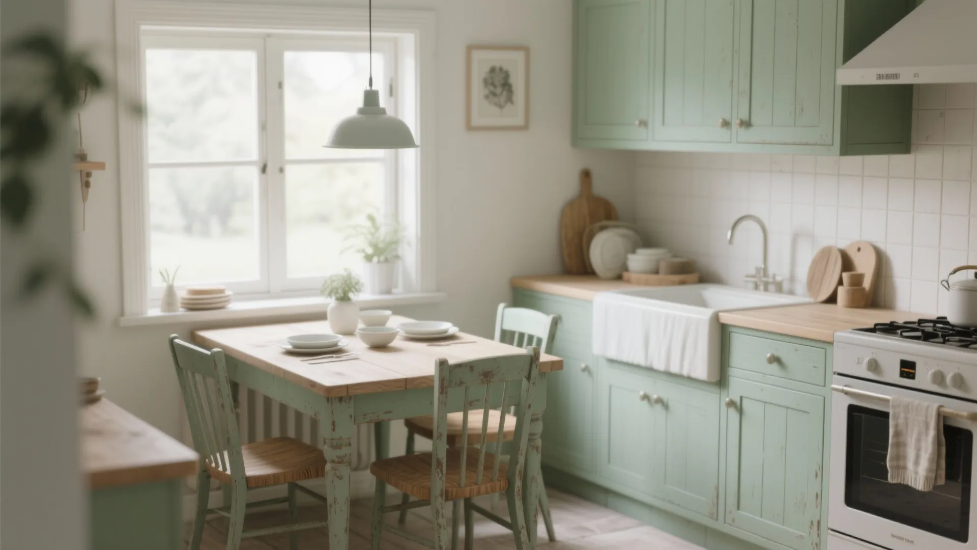 Sage green kitchen with wooden table, matching chairs, white sink, oven, and large bright window
