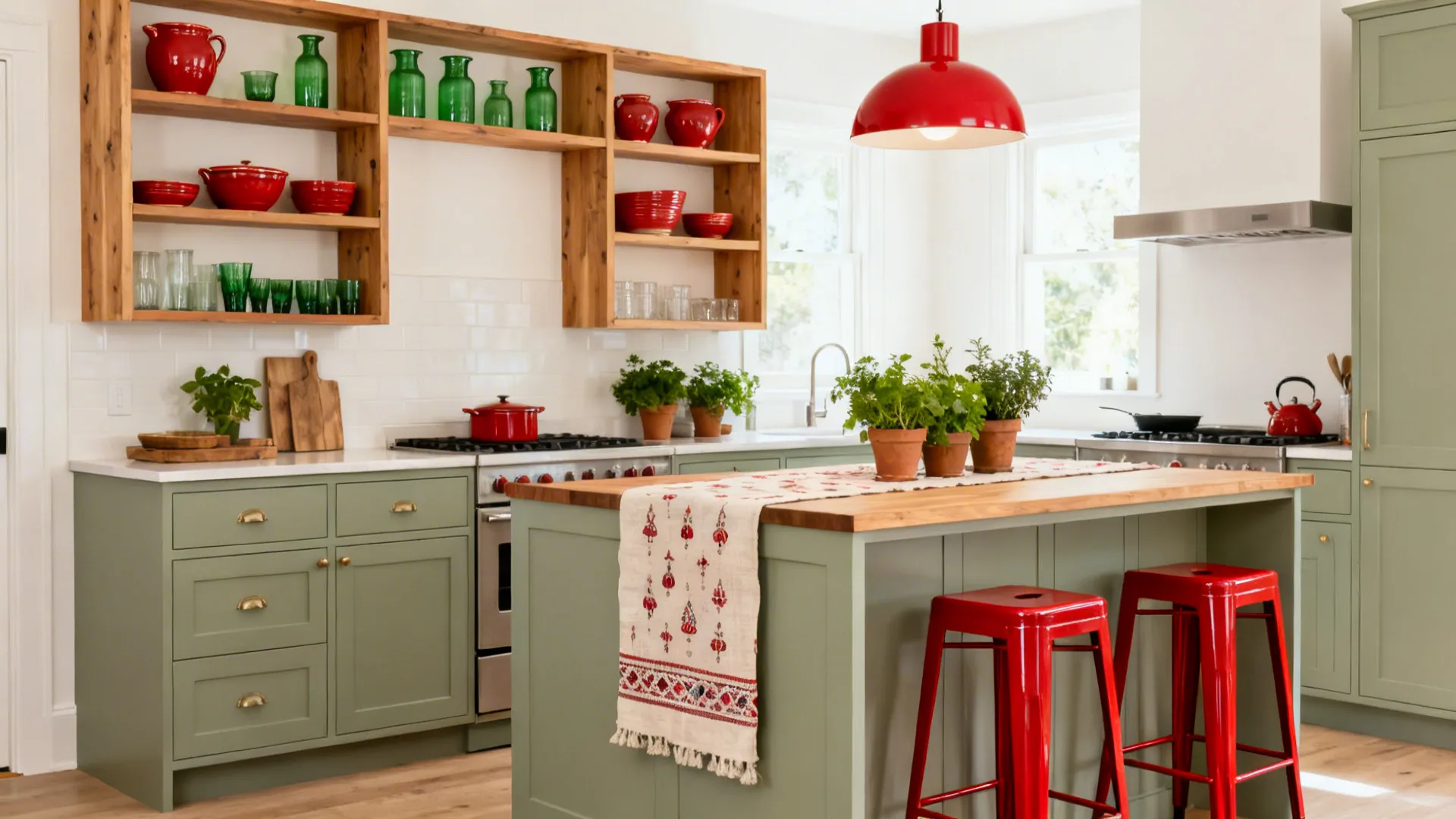 Sage millwork with oak open shelves and scarlet accents in a compact kitchen.