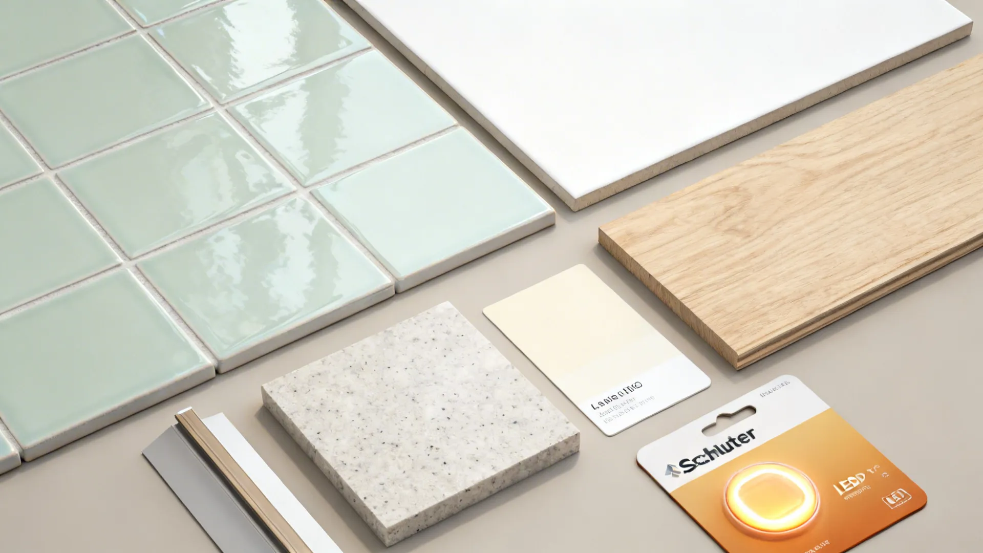 Flat lay with pale sage tile, warm white paint, light oak, matte quartz, LED card, and trim.