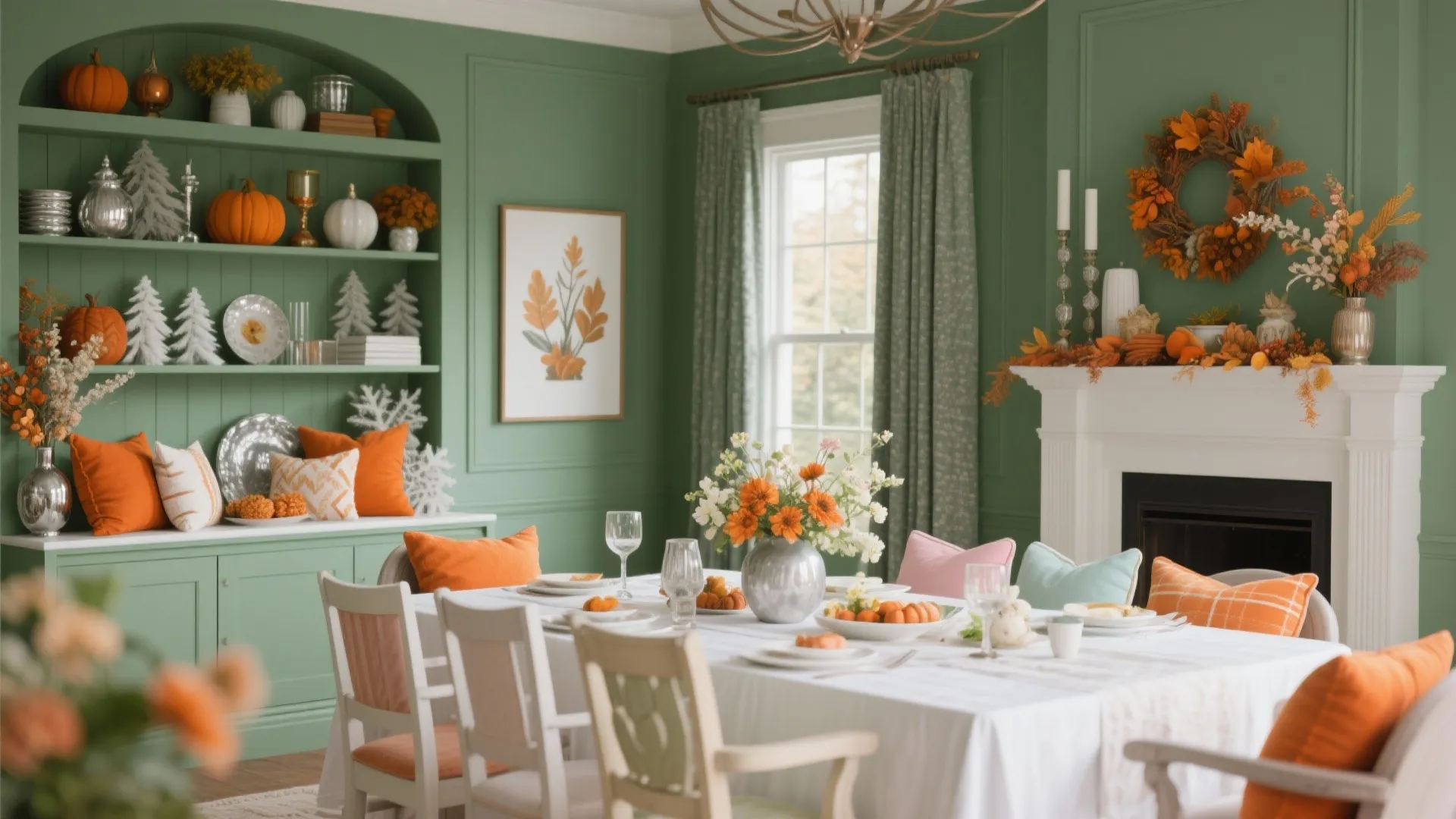 Festive green dining room decorated with orange pumpkins, autumn wreath, fireplace, and white wooden chairs