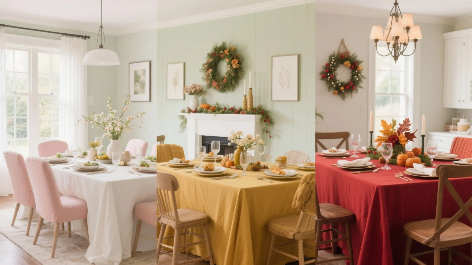 Sage dining room in spring, autumn, and Christmas themes