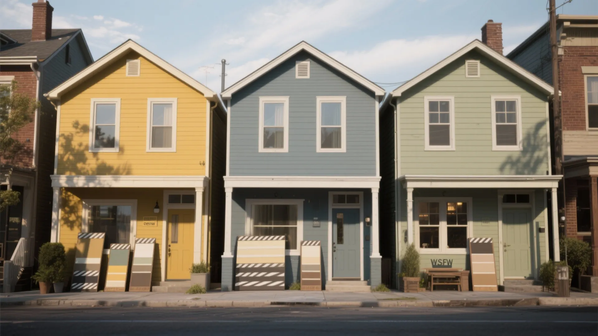 Three small house facades showing warm, cool, and neutral sage paint shades with full-size sample boards in different lighting conditions.