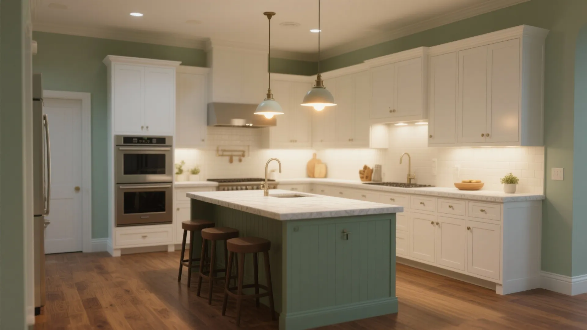 3. Soft sage walls with white shaker cabinets