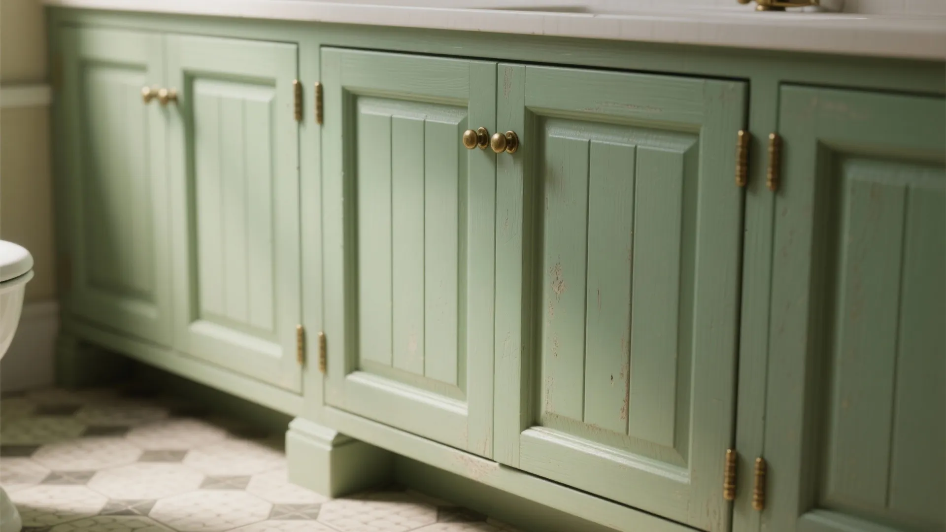 Shaker-style sage green cabinet doors with satin sheen and brass pulls in a classic bathroom
