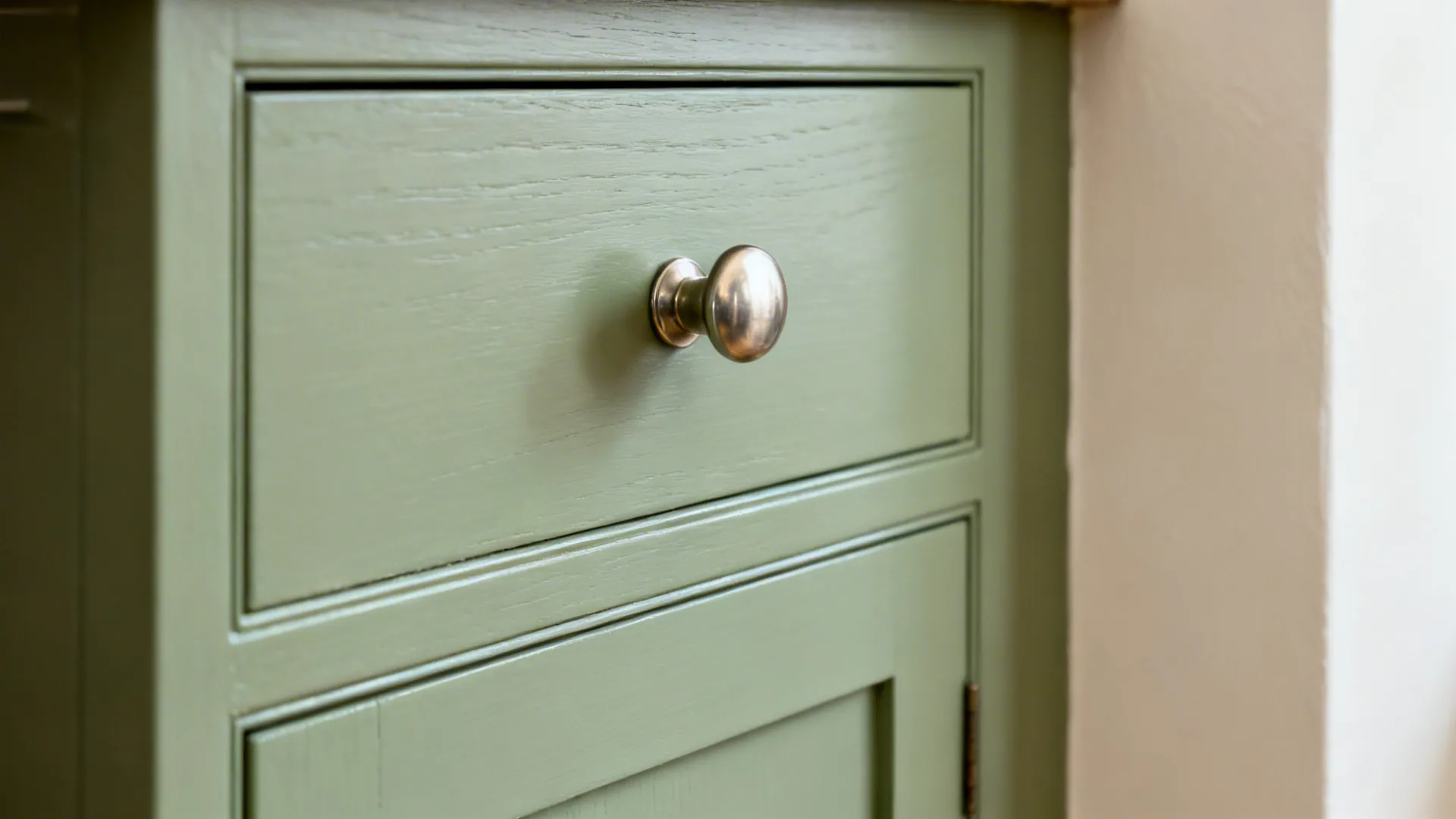 Macro of soft sage Shaker cabinet with brushed nickel cup pull in gentle daylight.