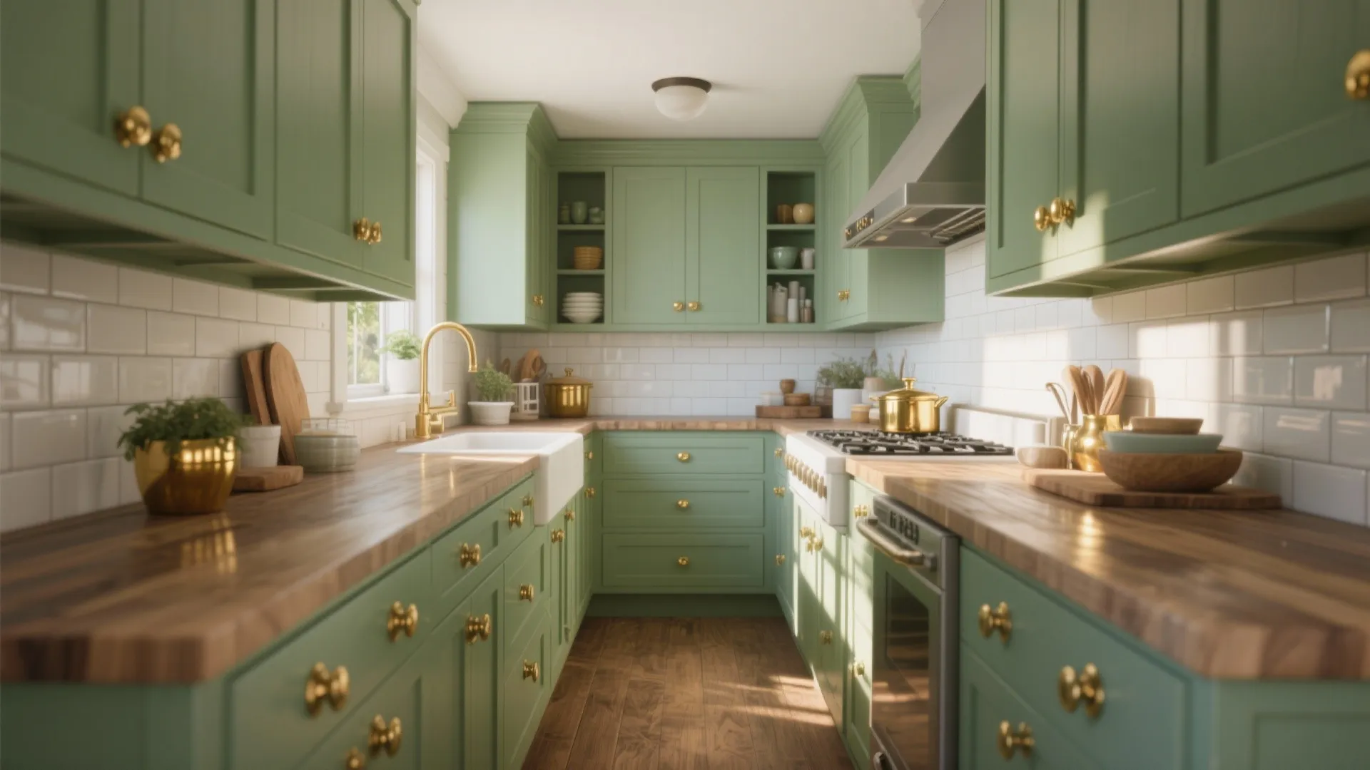 2. Sage Green Shaker Style with Polished Brass