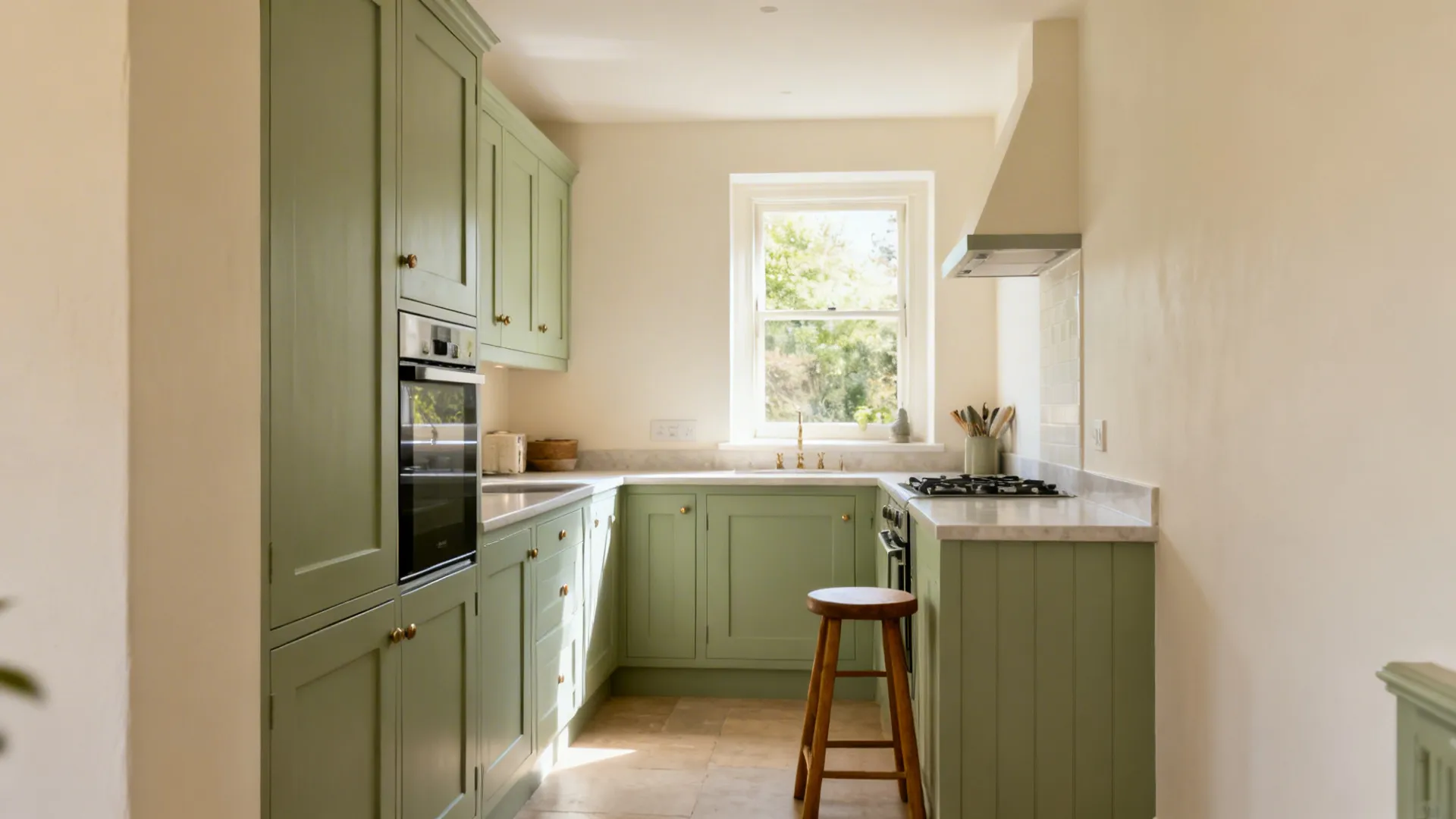 Small UK kitchen with soft sage Shaker cabinets and warm creamy walls in an L-shaped layout.