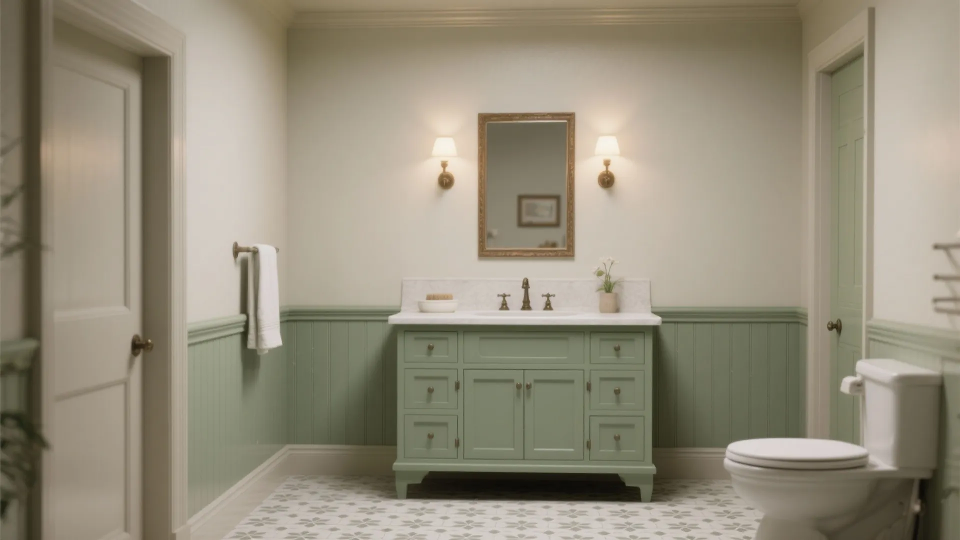Sage green bathroom cabinet with marble top two wall lights mirror and patterned tile floor