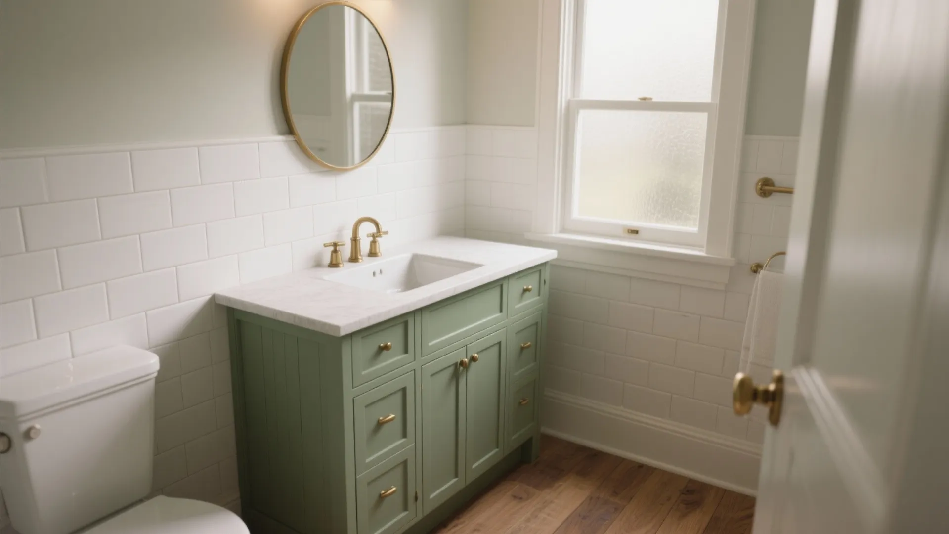 Sage green bathroom cabinet with white marble top gold faucet round mirror and wood flooring