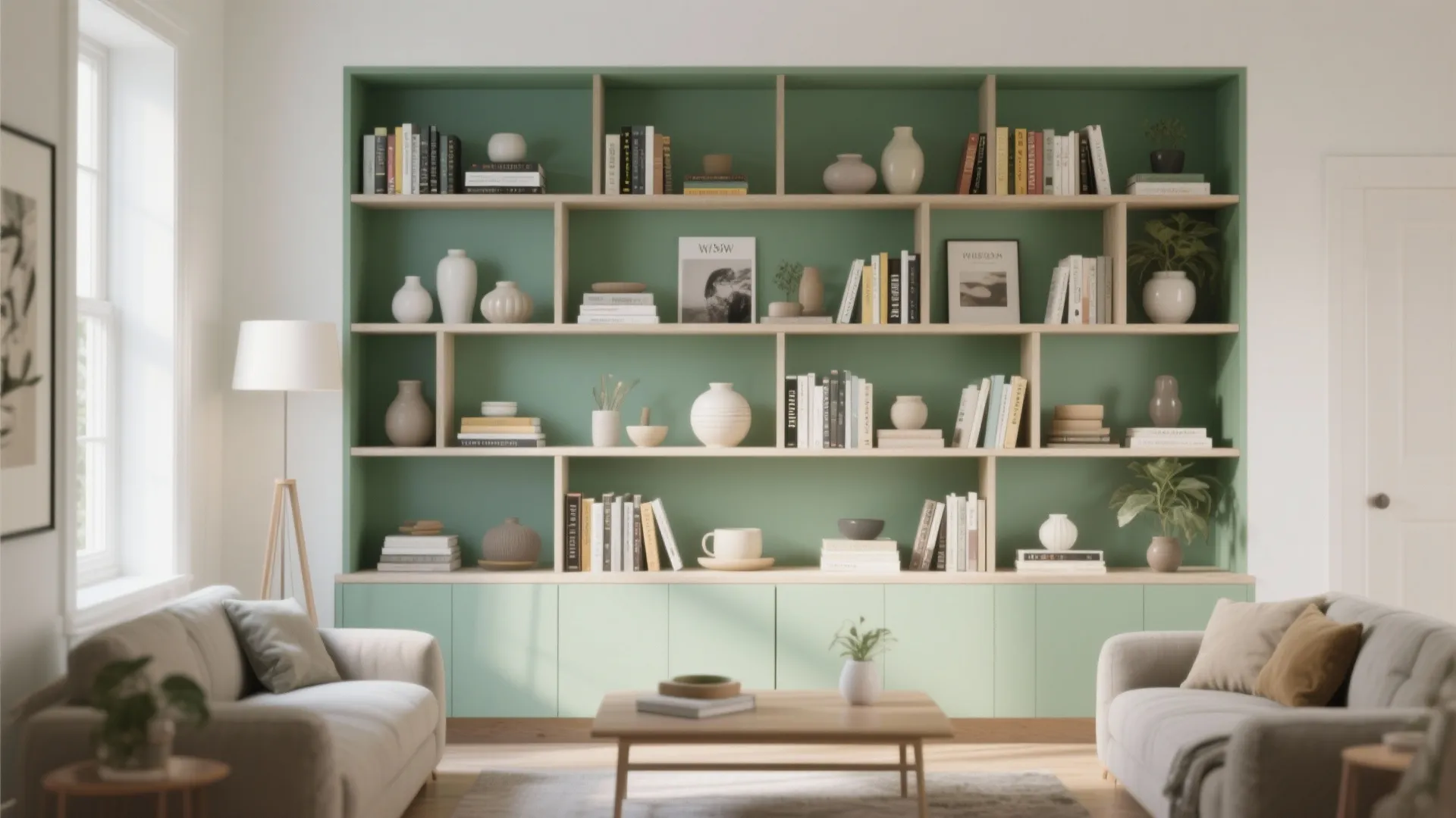4. Open Shelving with Sage Back Panels