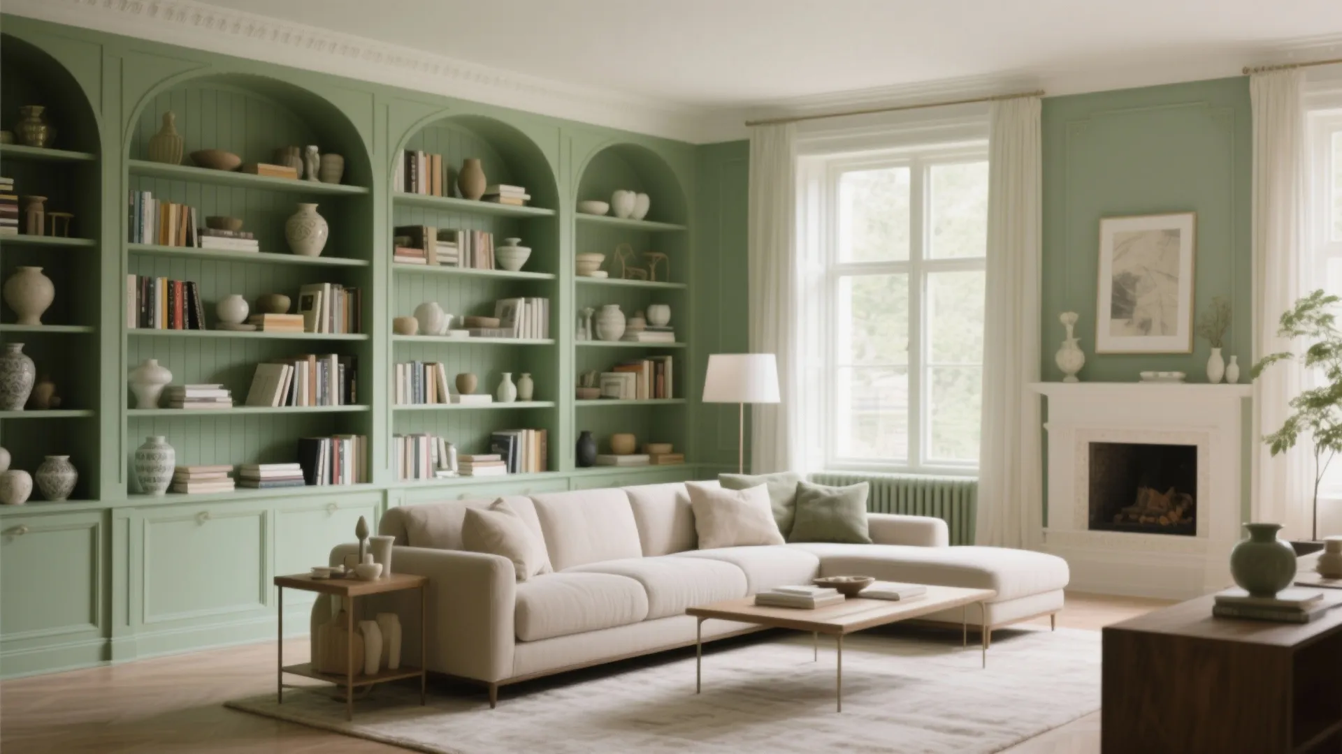4. Sage Green Built-In Shelves