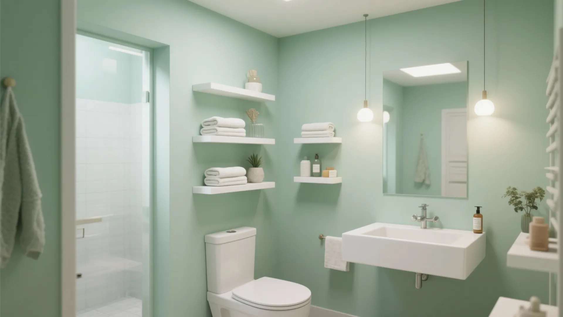 8. Floating White Shelves on Sage Walls