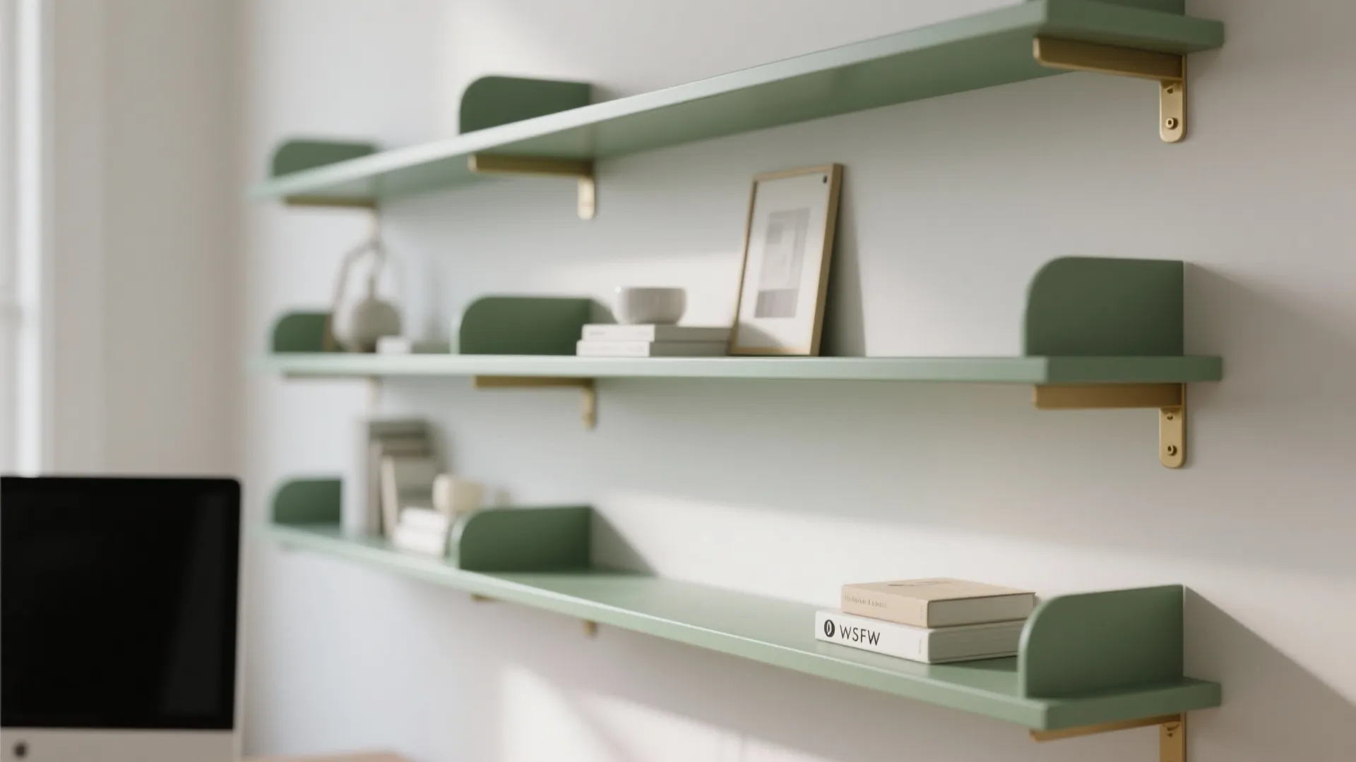 Sage green wall shelves with gold brackets holding books and a picture frame in bright room