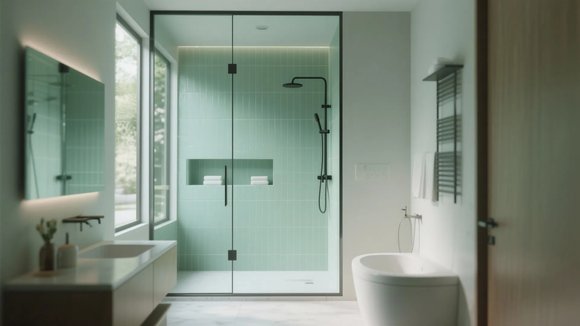 5. Frameless Glass Shower with Sage Tile Niche