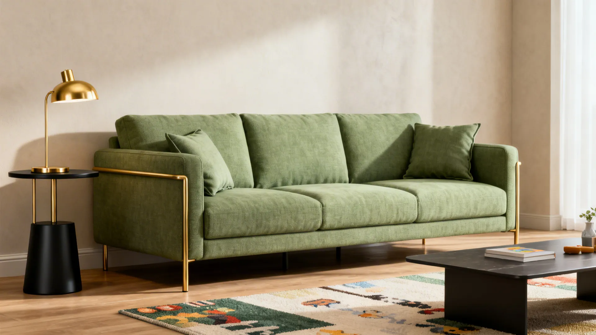 Sage green sofa as the focal point with brass and matte black accents in a bright living room