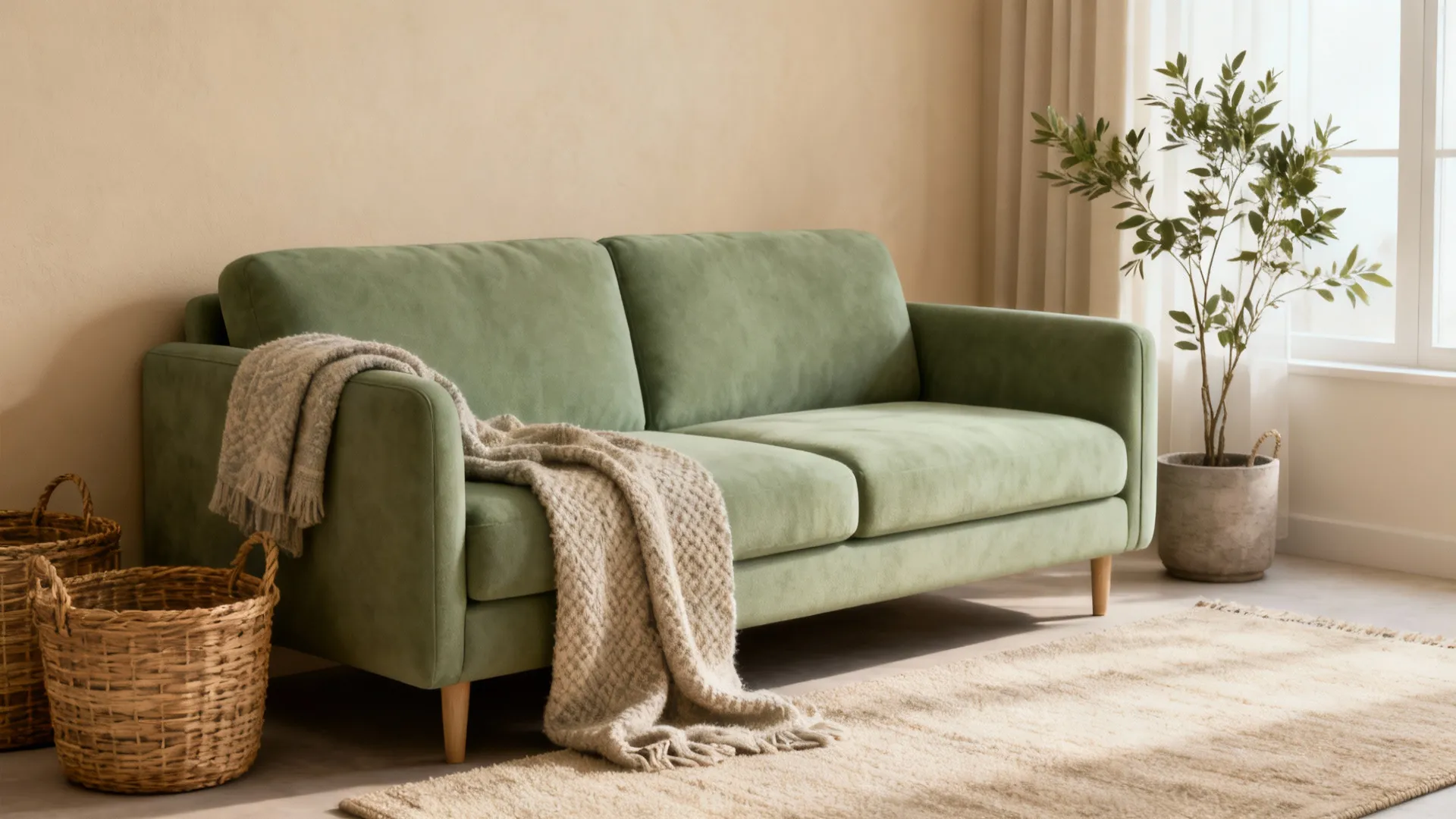 Calm living room with sage green upholstery and soft beige walls, textured wicker accents.