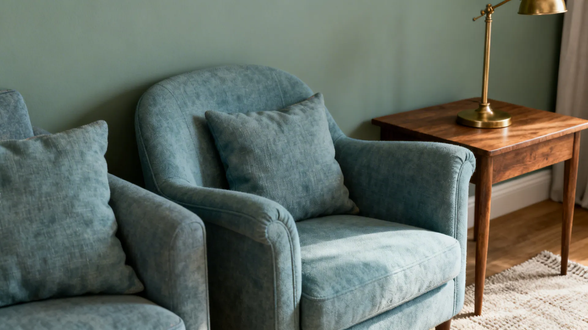 1. Sage Walls + Soft Blue Upholstery
