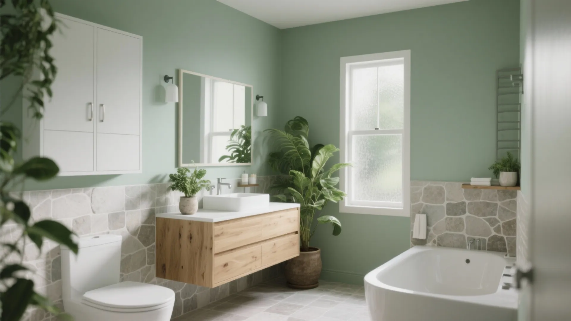 Modern green bathroom featuring stone wall panel wooden floating vanity white bathtub and large green plant
