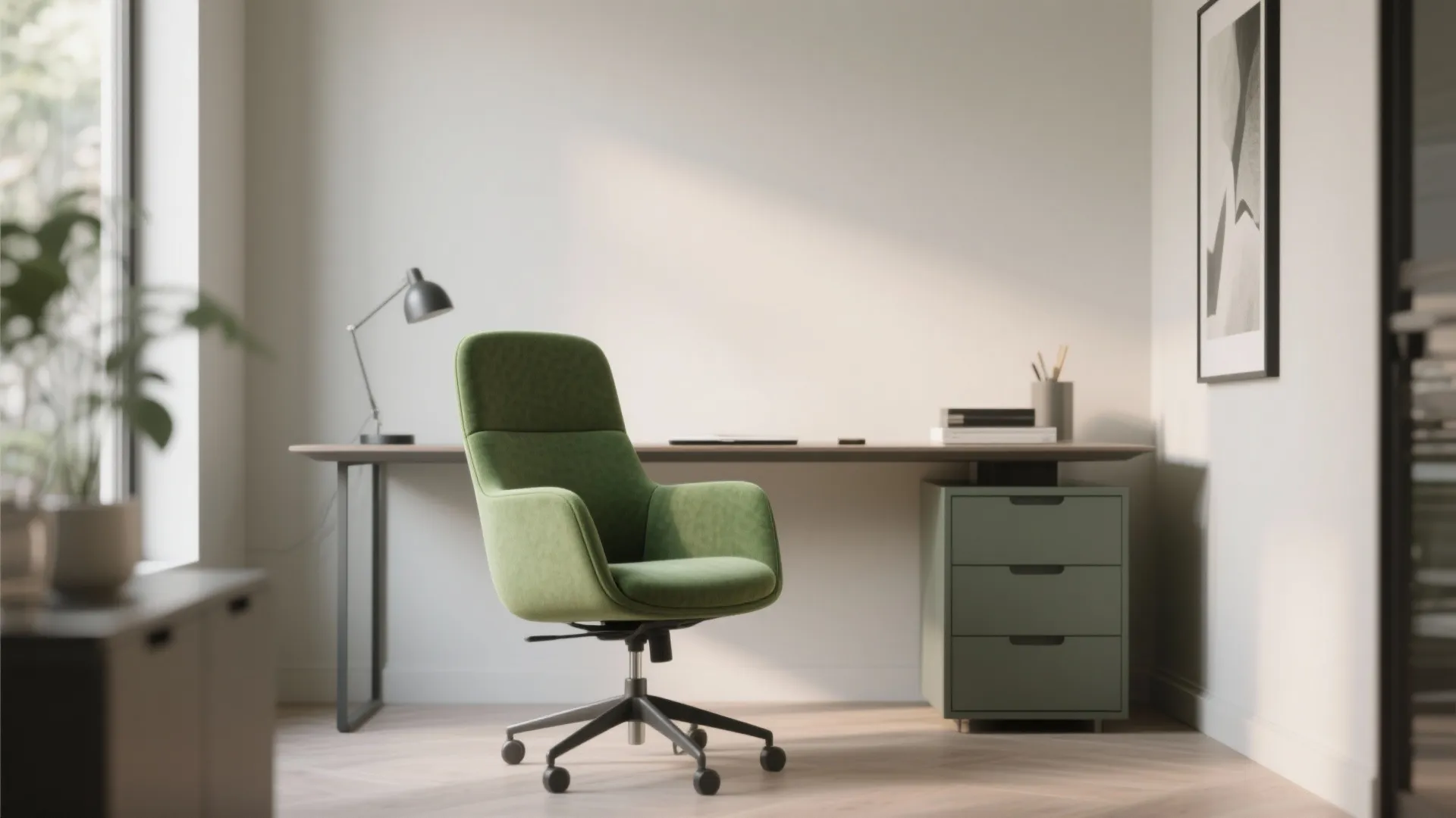 Modern home office with green desk chair wooden table grey cabinet wall light and natural light