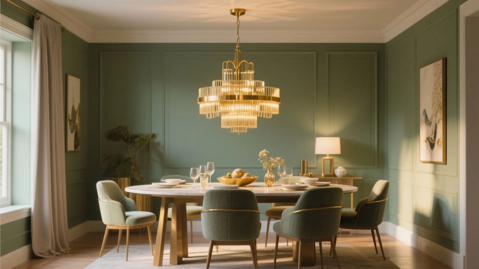 Modern dining room with sage green wall panel marble table and large golden hanging light