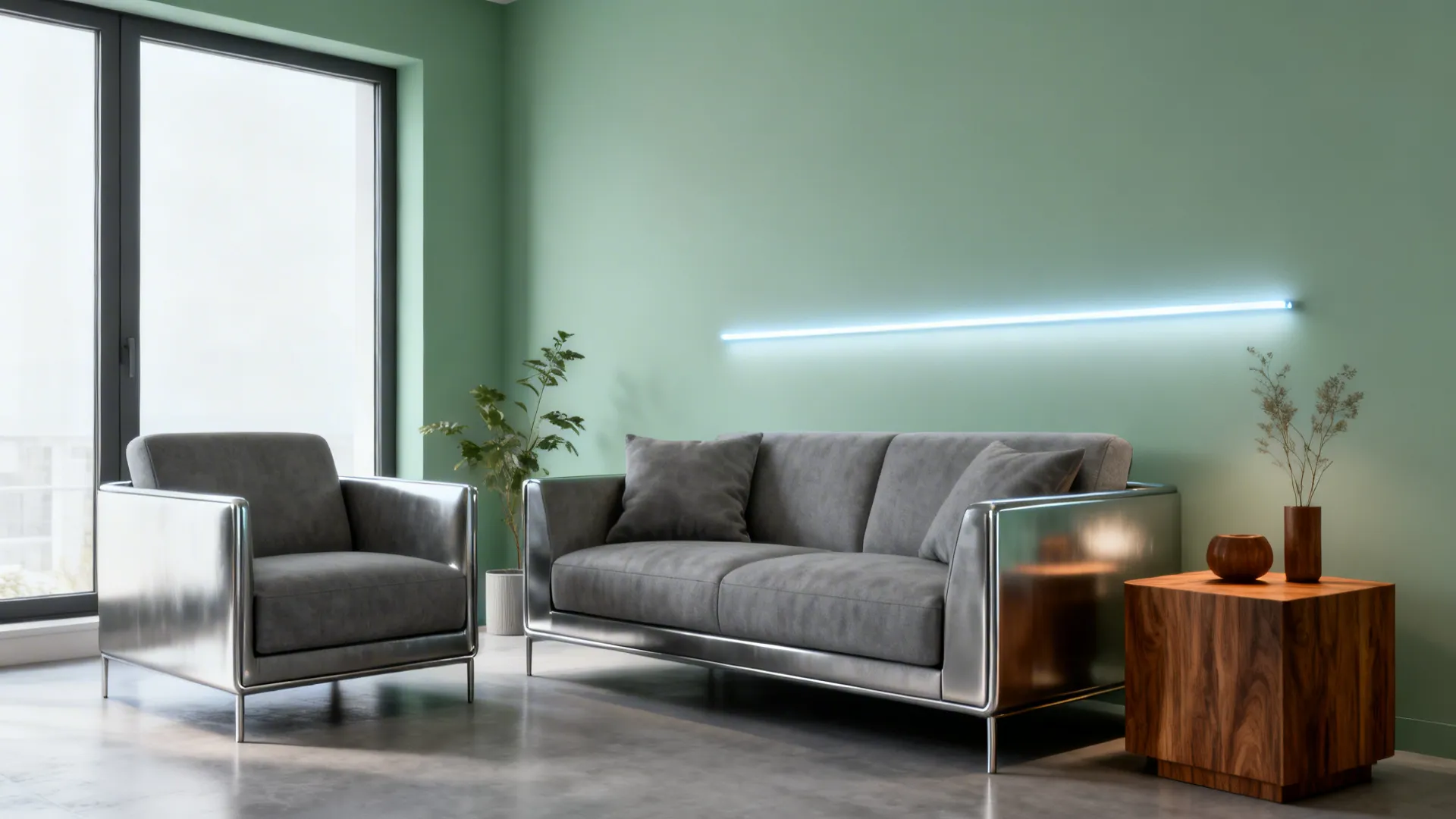 2. Soft Sage Green Walls and Steel Grey Furnishings