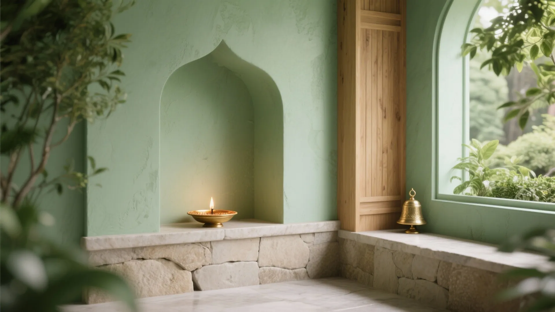 Sage green interior with stone wall base and arched niche holding a small lit lamp