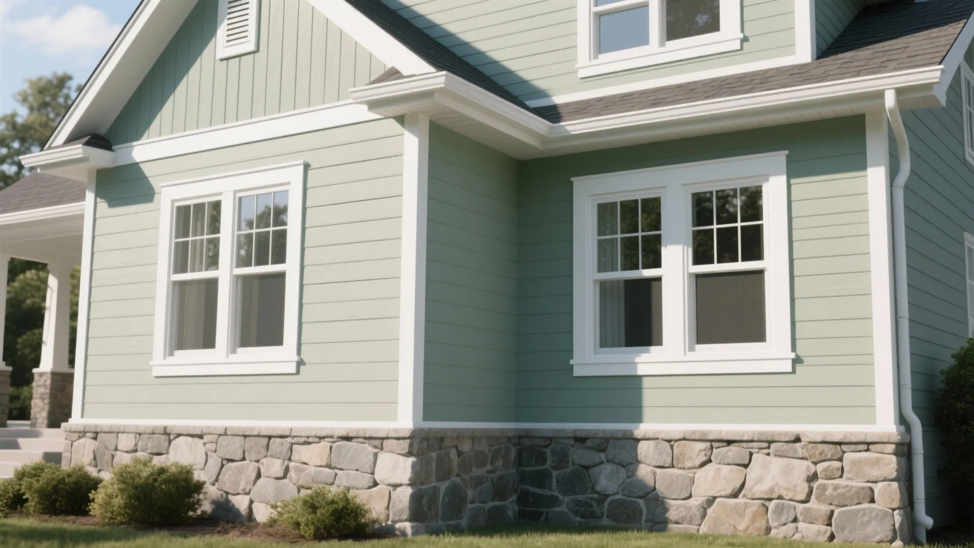 4. Sage, White Trim, and Stone Base