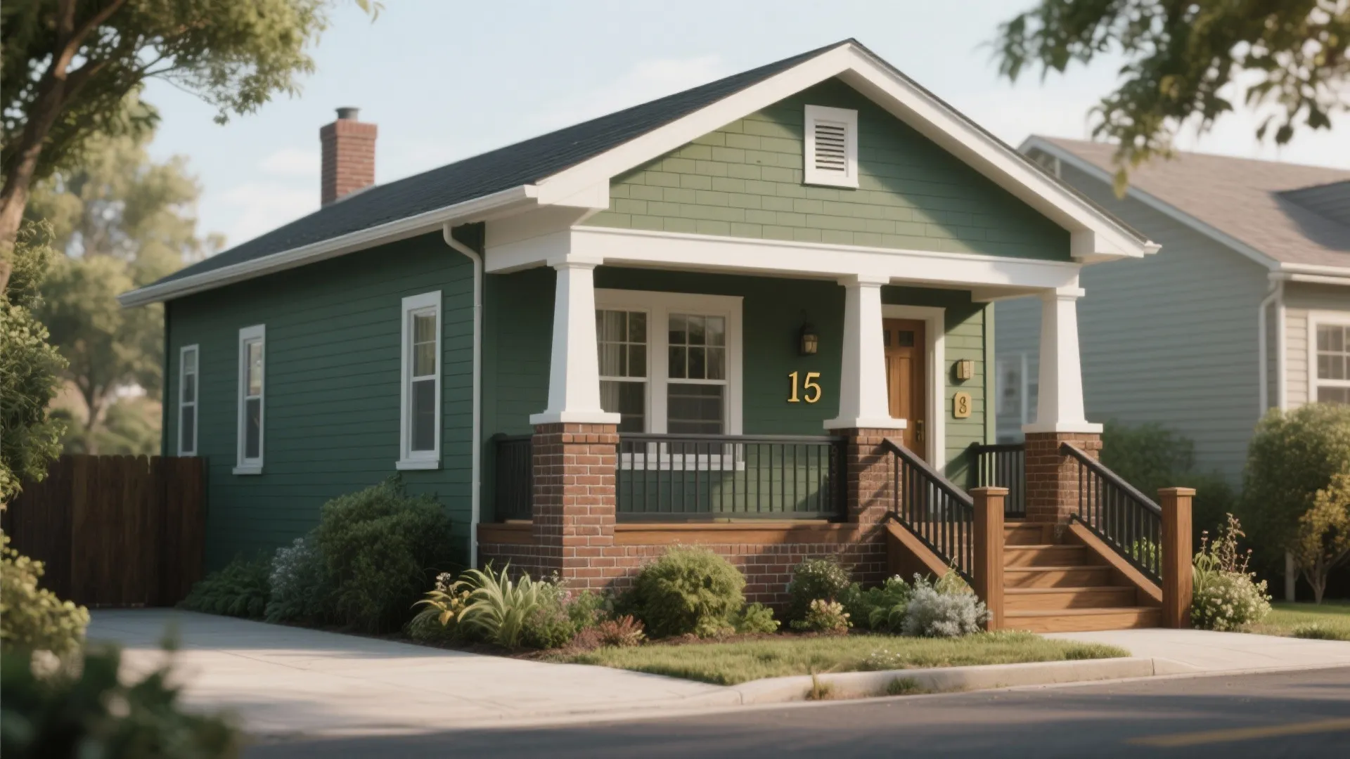 Green small house with white porch pillars brick base wooden steps and windows in yard